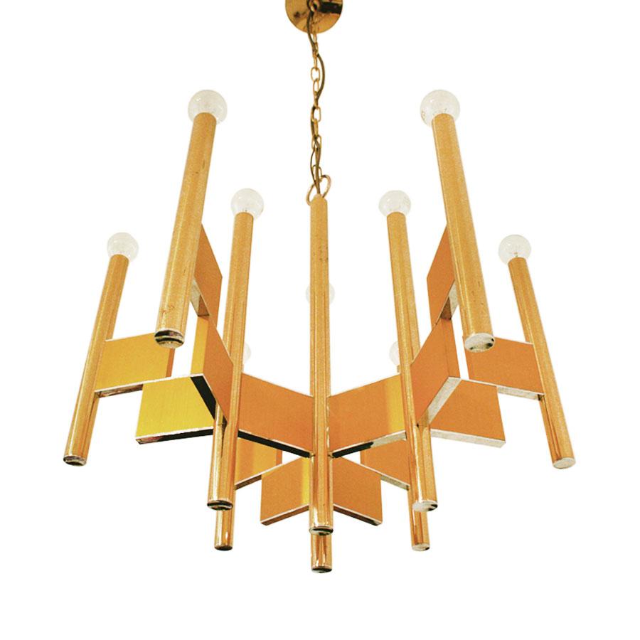 Midcentury suspension lamp designed by Gaetano Sciolari. Composed of nine points of light and made of matte and polish brass, Italy, 1970s.

Gaetano Sciolari was an Italian designer known for his Mid-Century Modern lighting fixtures. Born around