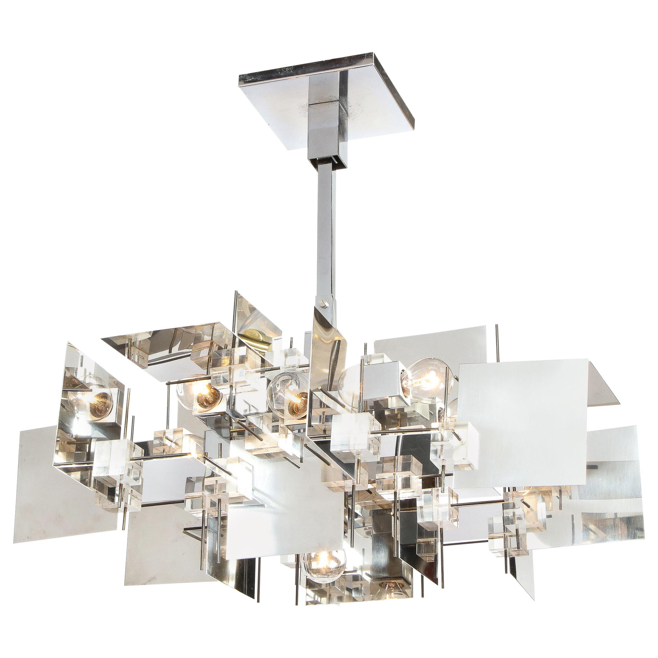 Gaetano Sciolari Mid-Century Modern Cubist Polished Chrome and Lucite Chandelier