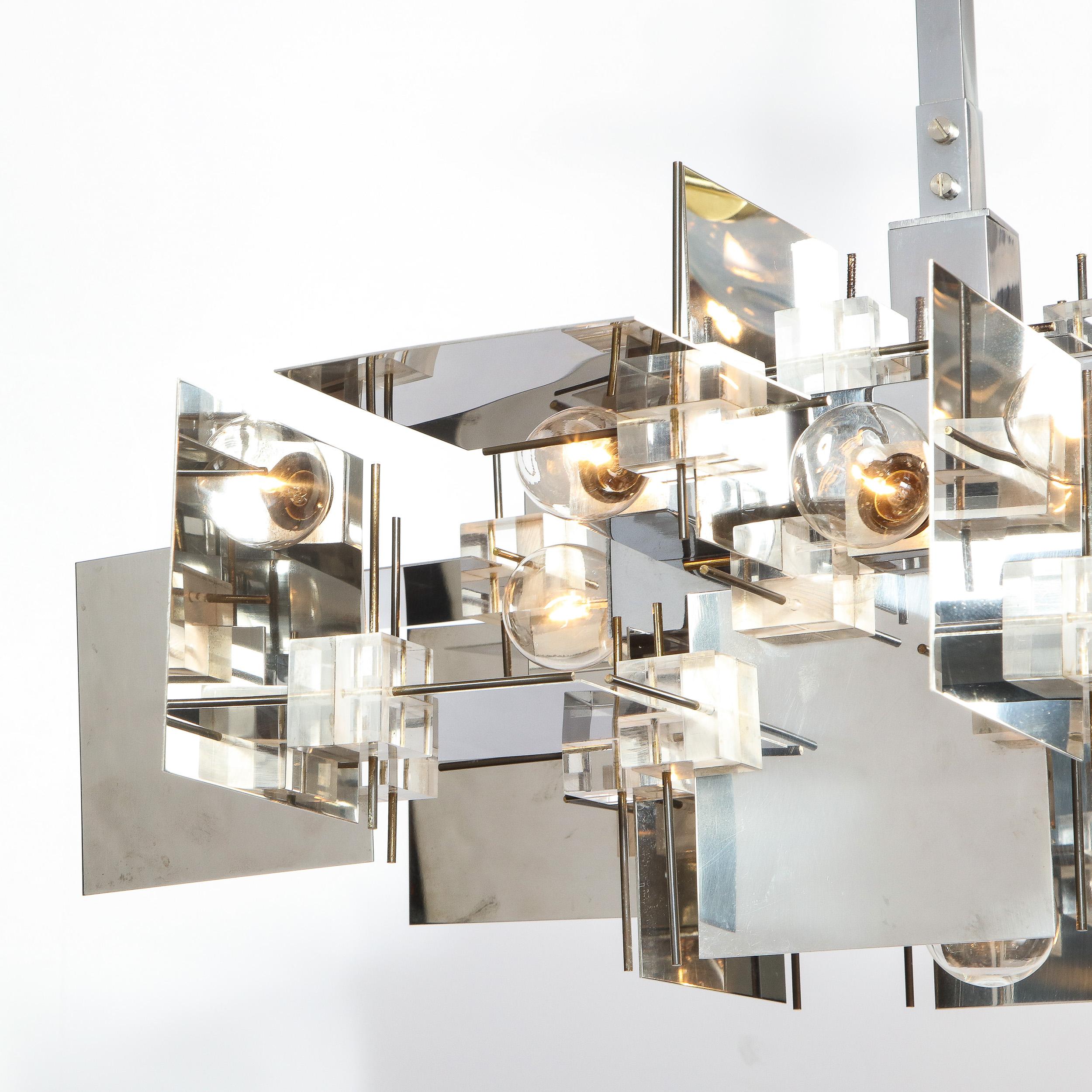 Late 20th Century Gaetano Sciolari Mid-Century Modern Cubist Polished Chrome and Lucite Chandelier