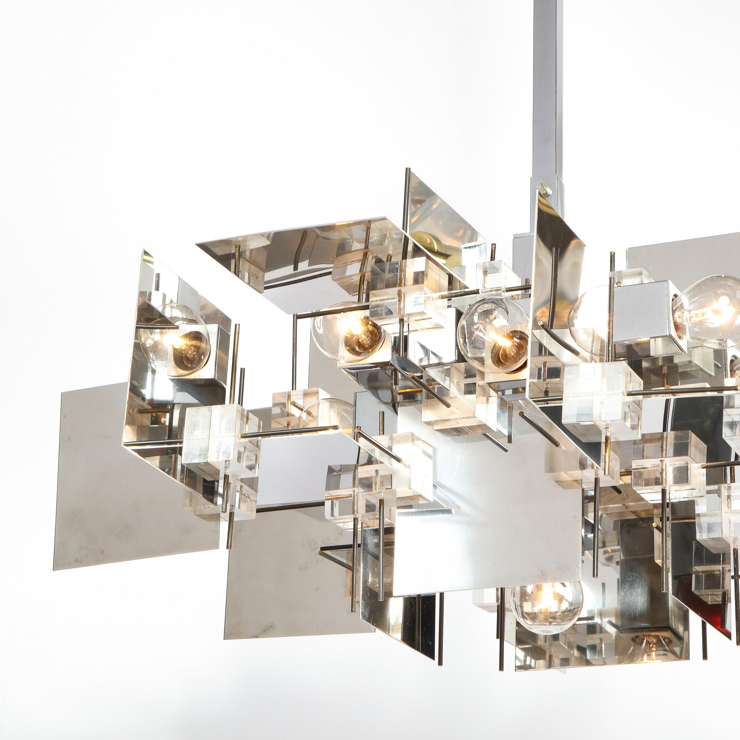 Gaetano Sciolari Mid-Century Modern Cubist Polished Chrome and Lucite Chandelier 2