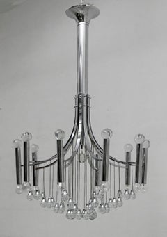Gaetano Sciolari Mid-Century Modern Italian Chrome and Glass Chandelier, 1970
