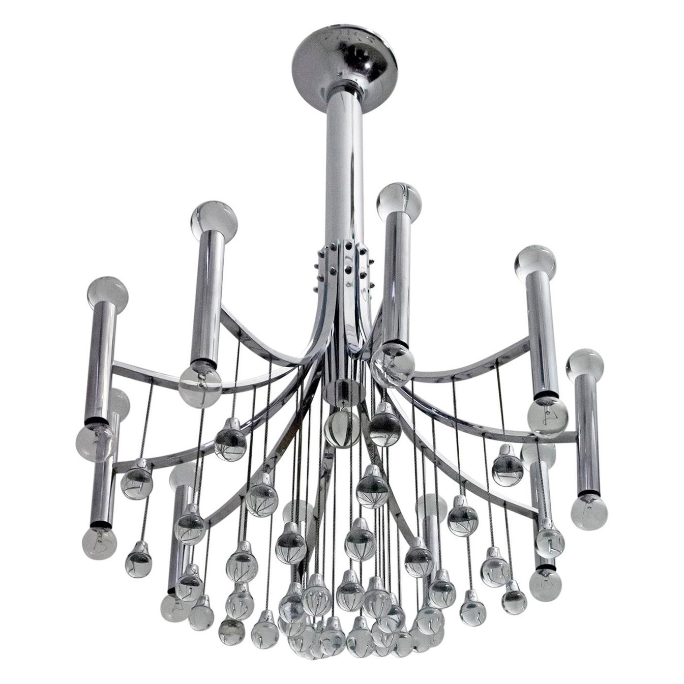 Lampadario in vetro e cromo italiano di metà secolo di Gaetano Sciolari, 1970