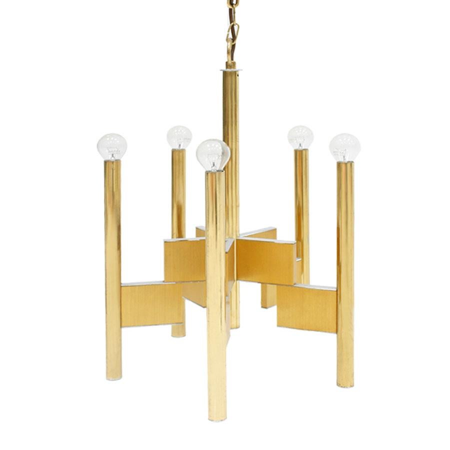 Suspension lamp designed by Gaetano Sciolari, composed of five points of light and made of brass in matte and gloss finishes.

Gaetano Sciolari was an Italian designer known for his Mid-Century Modern lighting fixtures. Born circa turn of the 20th
