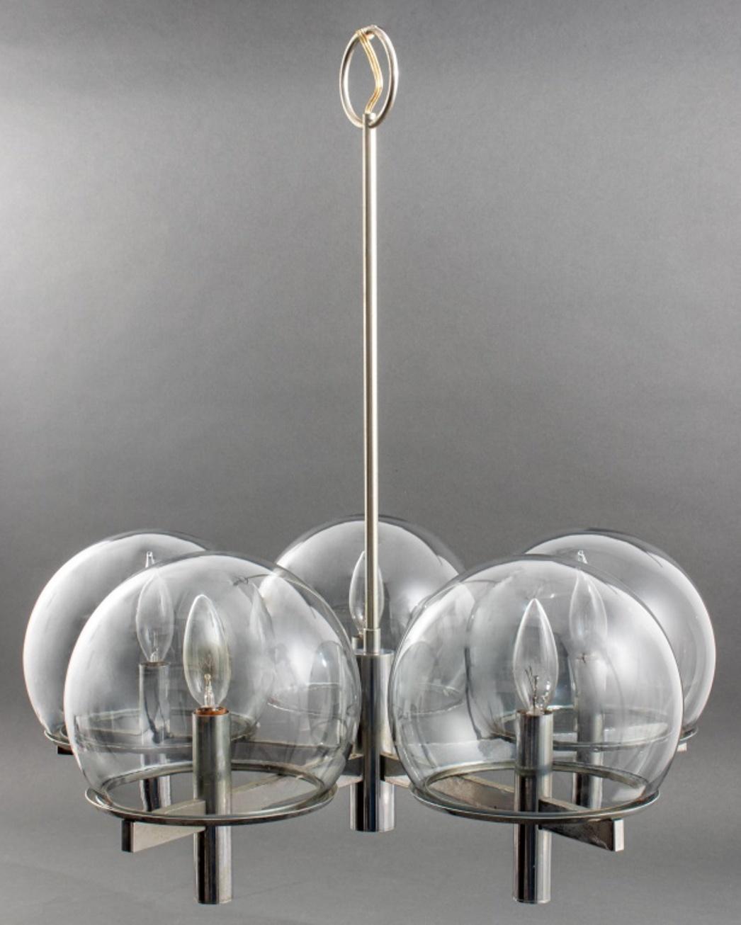 Gaetano Sciolari (Italian, 1927 - 1994) Mid-Century Modern chandelier with chromed metal structure and five smoked glass globes.

Dimensions: 24