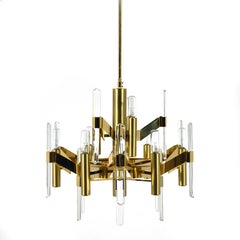 Gaetano Sciolari Modernist Brass Chandelier with Crystal Blades