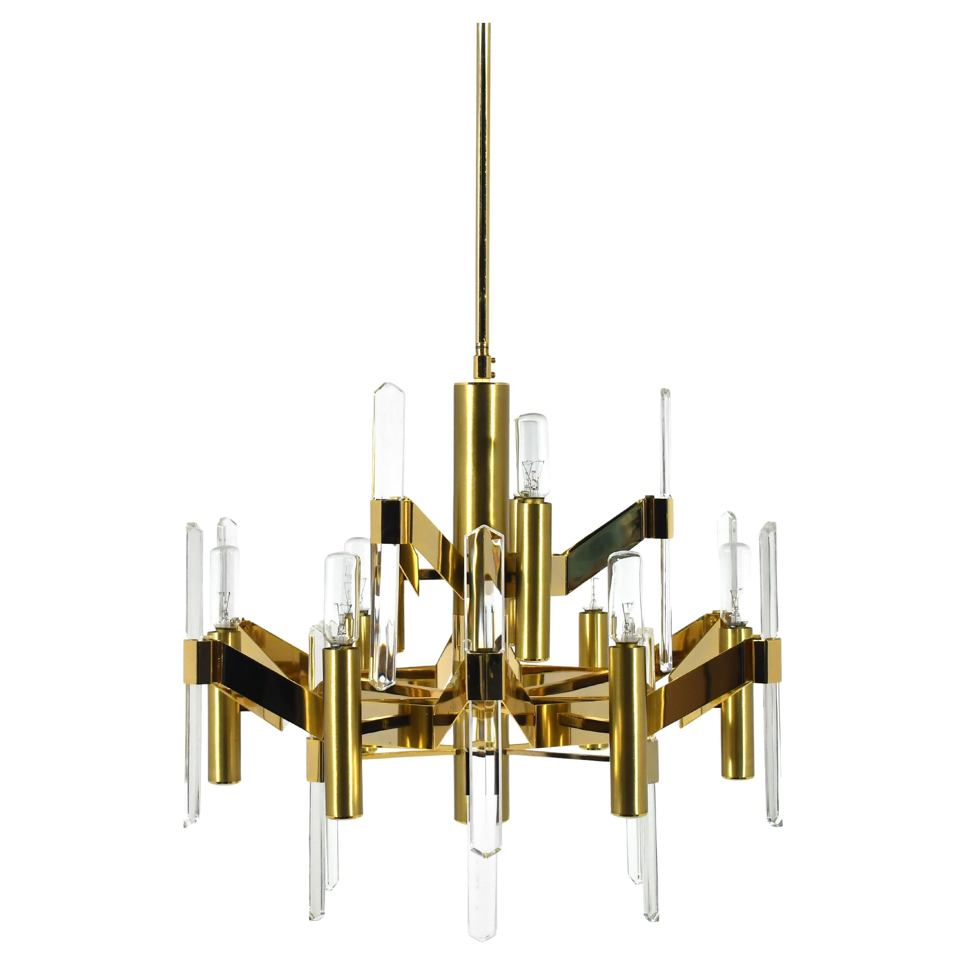 Gaetano Sciolari Modernist Brass Chandelier with Crystal Blades