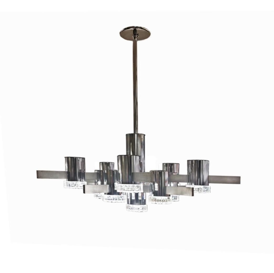Gaetano Sciolari Modernistischer Kronleuchter aus Chrom und gebürstetem Aluminium, 1960er Jahre im Zustand „Gut“ im Angebot in New York, NY