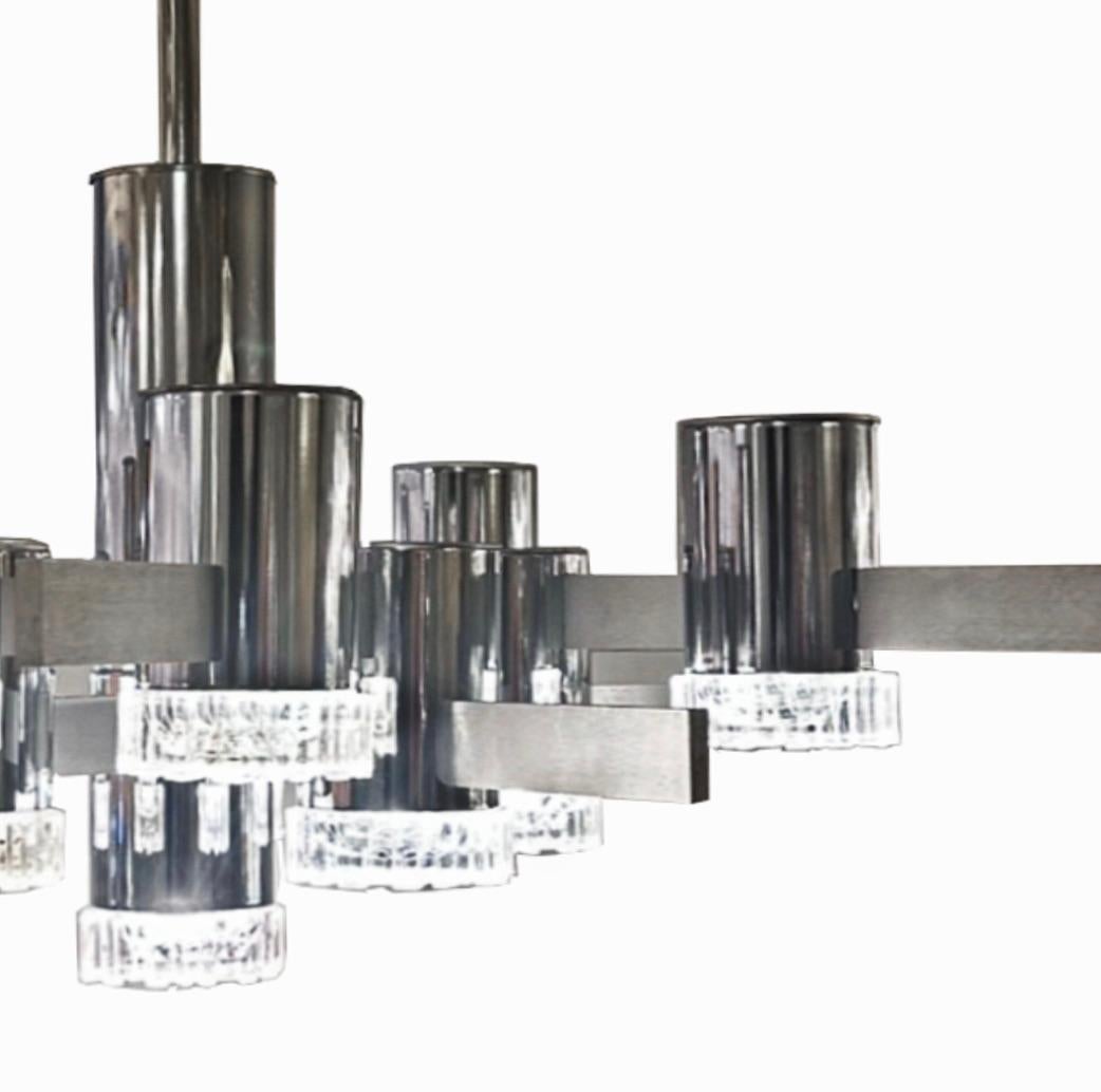 Gaetano Sciolari Modernistischer Kronleuchter aus Chrom und gebürstetem Aluminium, 1960er Jahre (Mitte des 20. Jahrhunderts) im Angebot