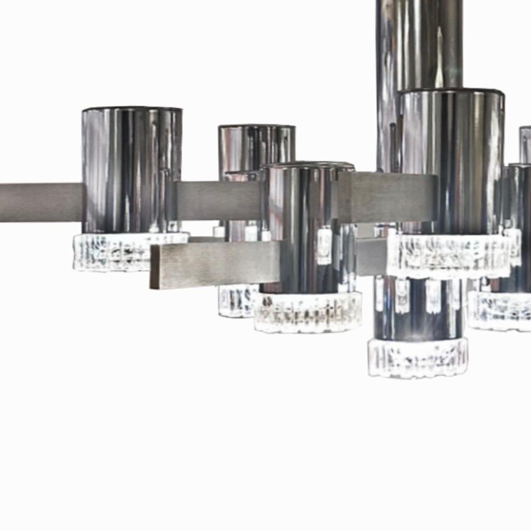 Gaetano Sciolari Modernistischer Kronleuchter aus Chrom und gebürstetem Aluminium, 1960er Jahre im Angebot 1