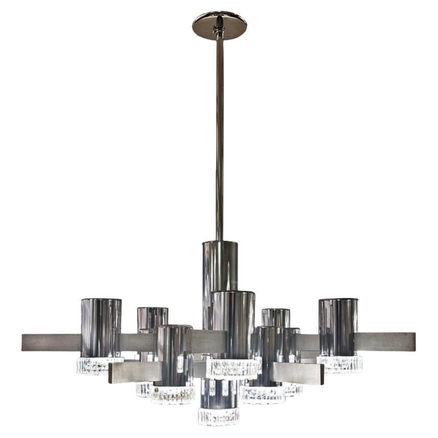 Gaetano Sciolari Modernistischer Kronleuchter aus Chrom und gebürstetem Aluminium, 1960er Jahre im Angebot