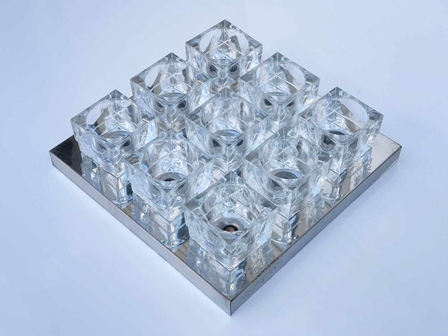 Mid-Century Modern Gaetano Sciolari Nine-Light Crystal Cube Flush Mount Lamp Lightolier