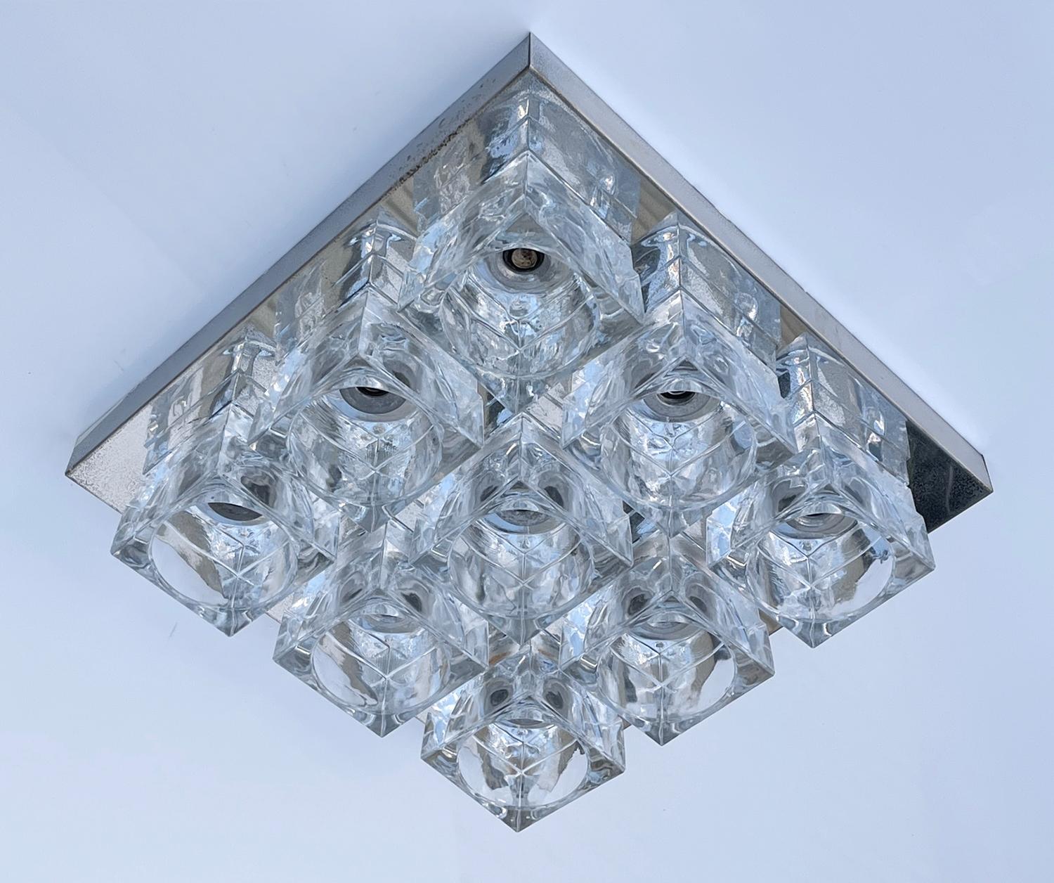 Italian Gaetano Sciolari Nine-Light Crystal Cube Flush Mount Lamp Lightolier