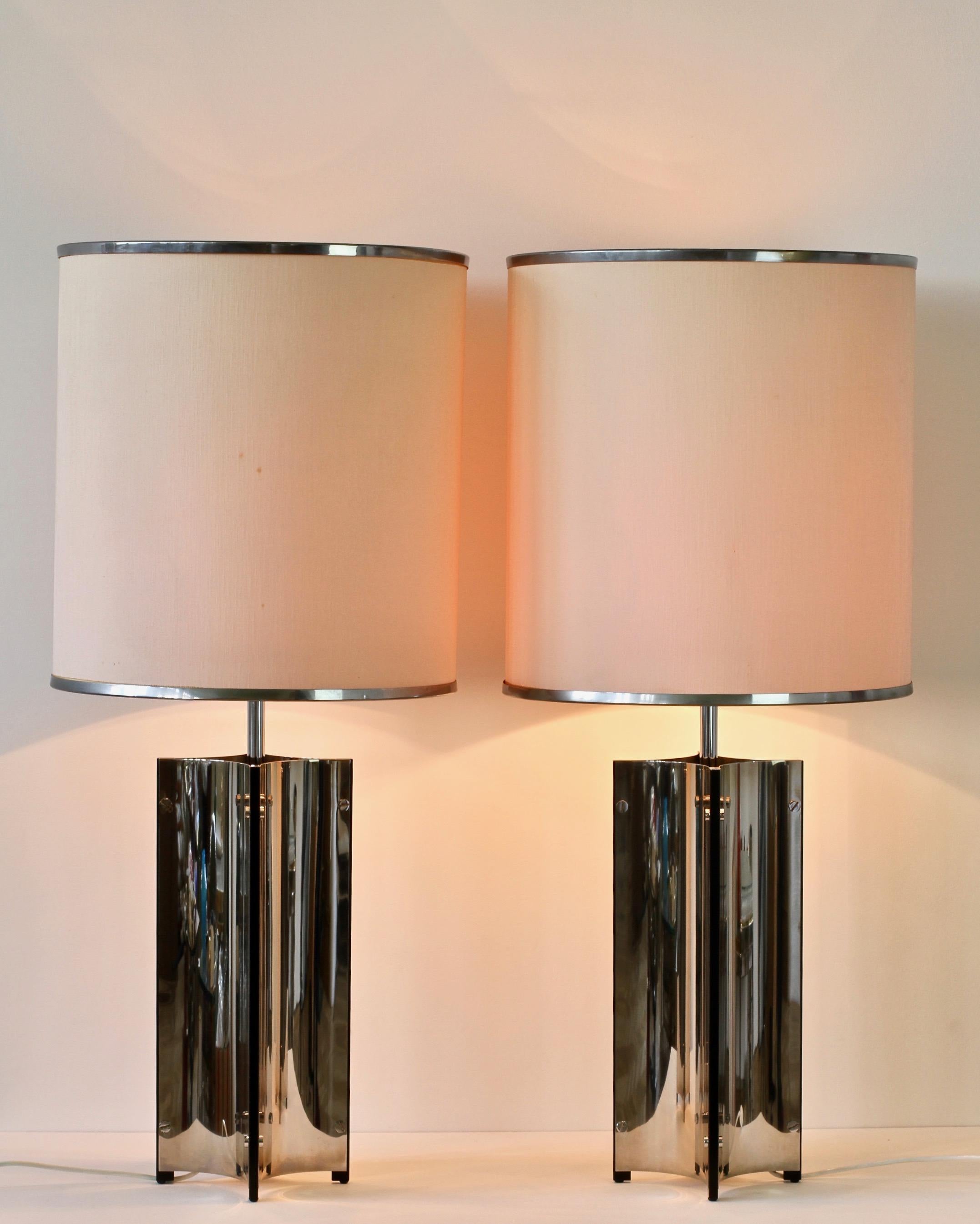 Fabric Gaetano Sciolari Oversized Pair of 1970s Vintage Italian Steel Table Lamps