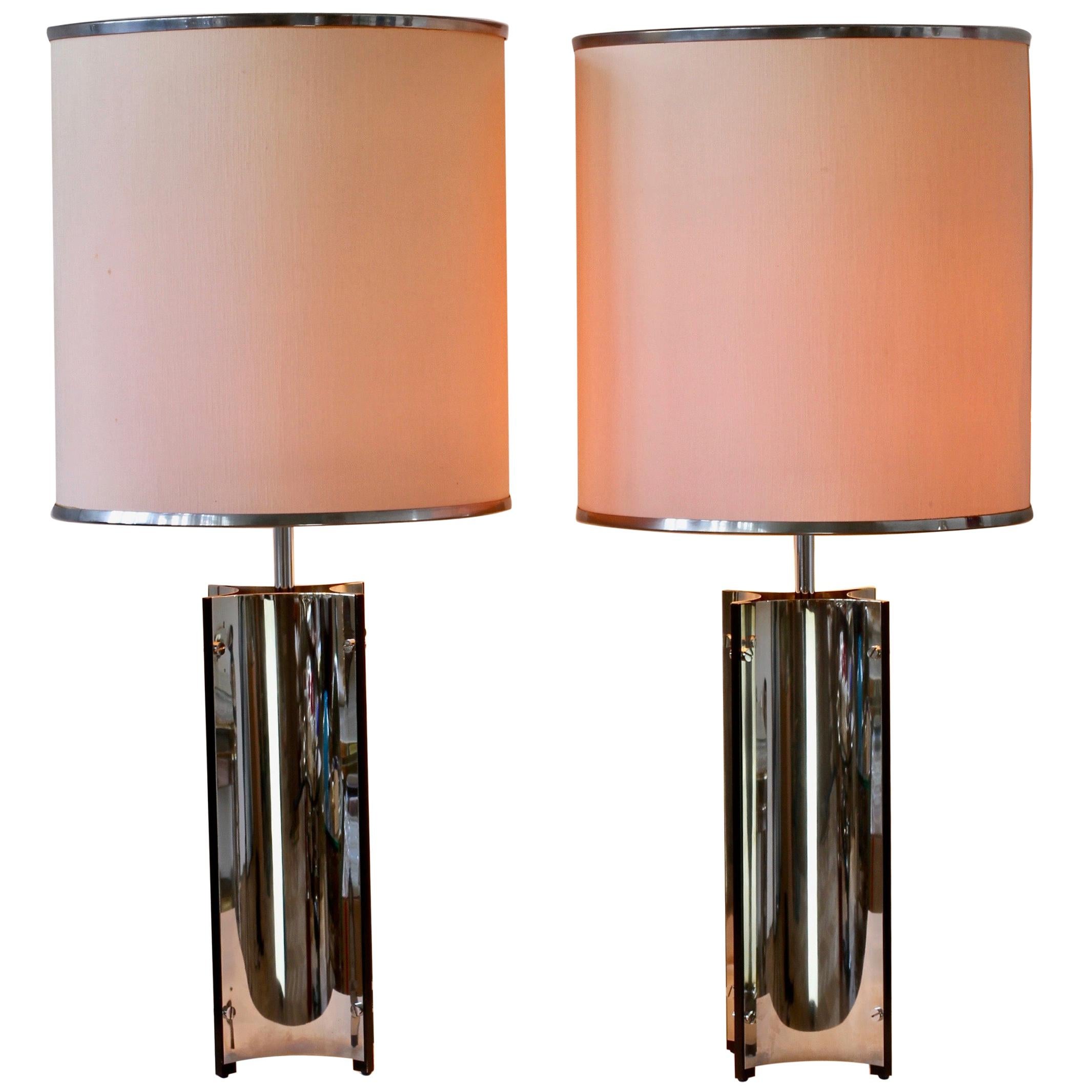 Gaetano Sciolari Oversized Pair of 1970s Vintage Italian Steel Table Lamps