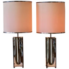 Gaetano Sciolari Oversized Pair of 1970s Vintage Italian Steel Table Lamps