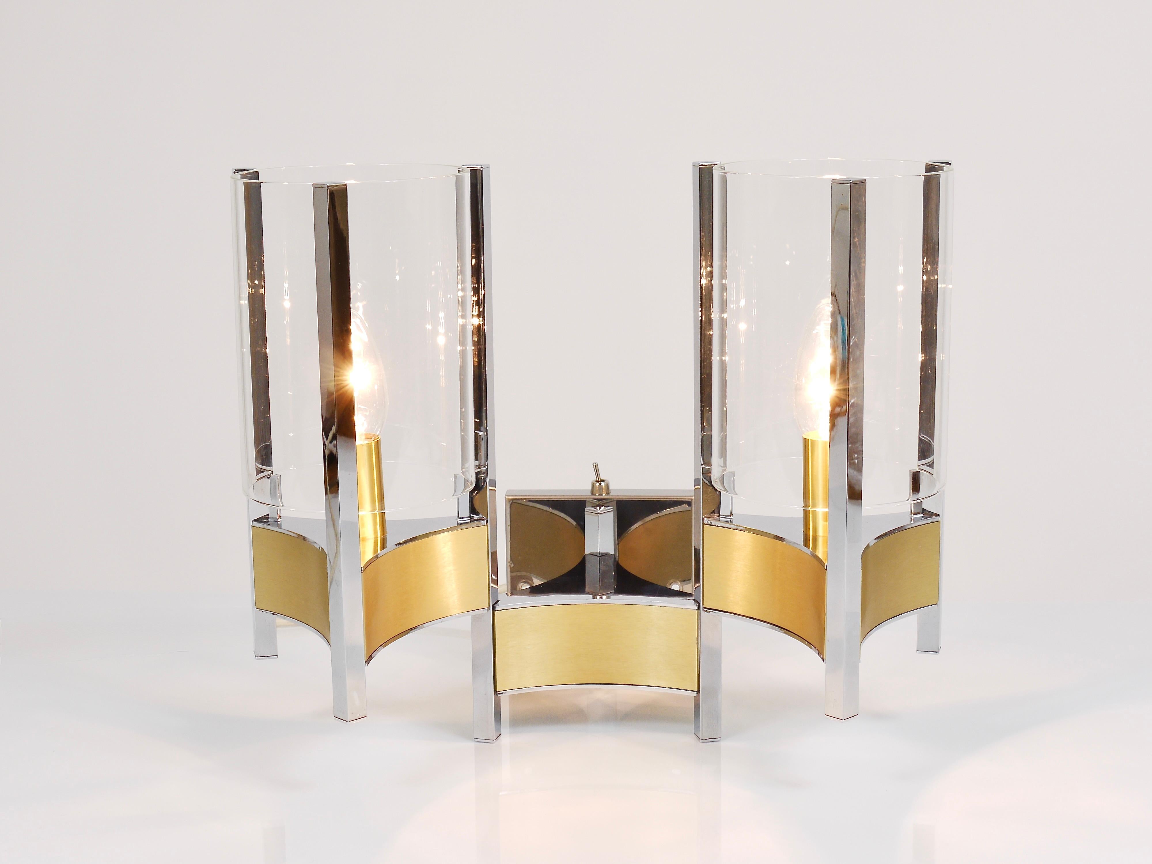 Gaetano Sciolari Pair Large Wall Lights / Sconces, Chrome, Brass, Glass, 1970s For Sale 2