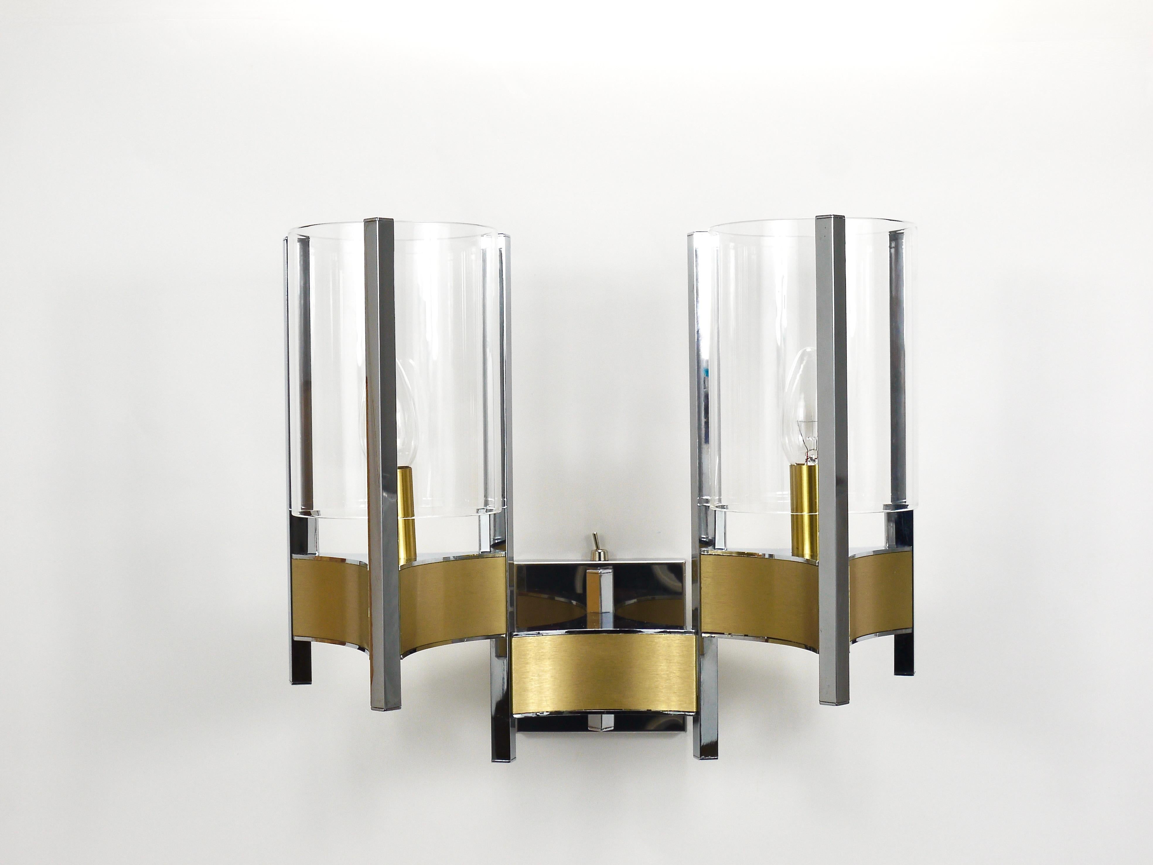 Gaetano Sciolari Pair Large Wall Lights / Sconces, Chrome, Brass, Glass, 1970s For Sale 3