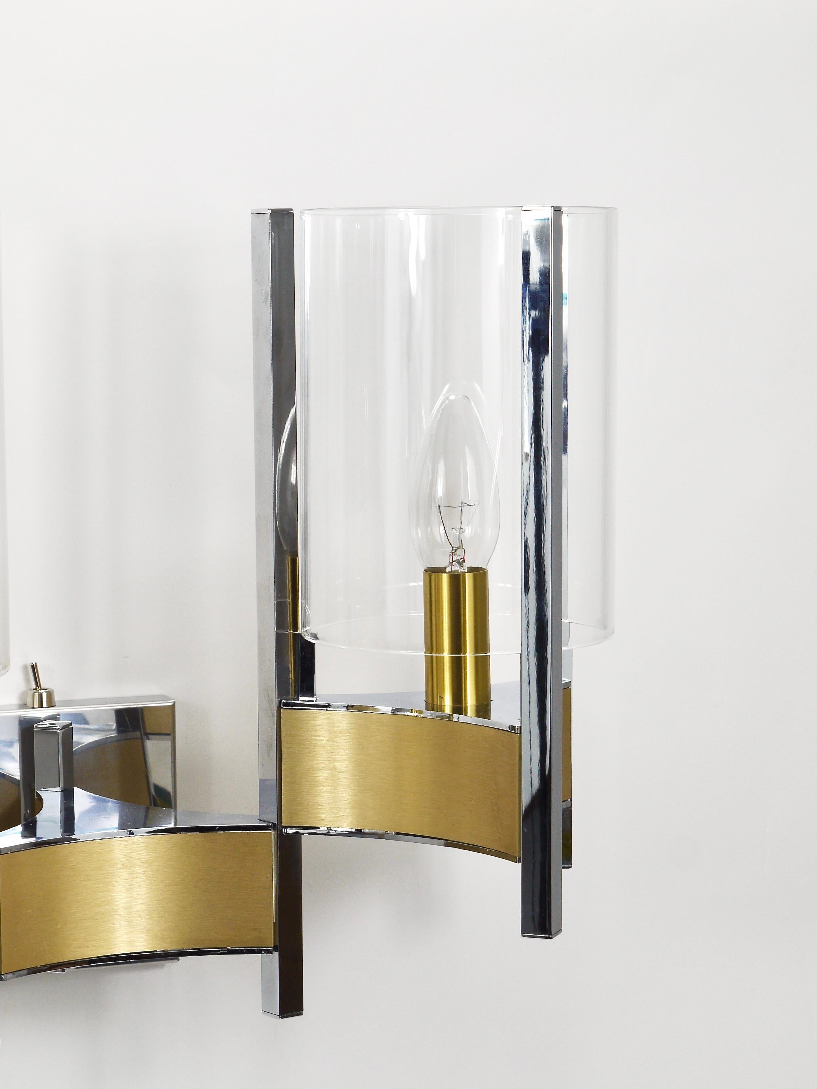 Gaetano Sciolari Pair Large Wall Lights / Sconces, Chrome, Brass, Glass, 1970s For Sale 4