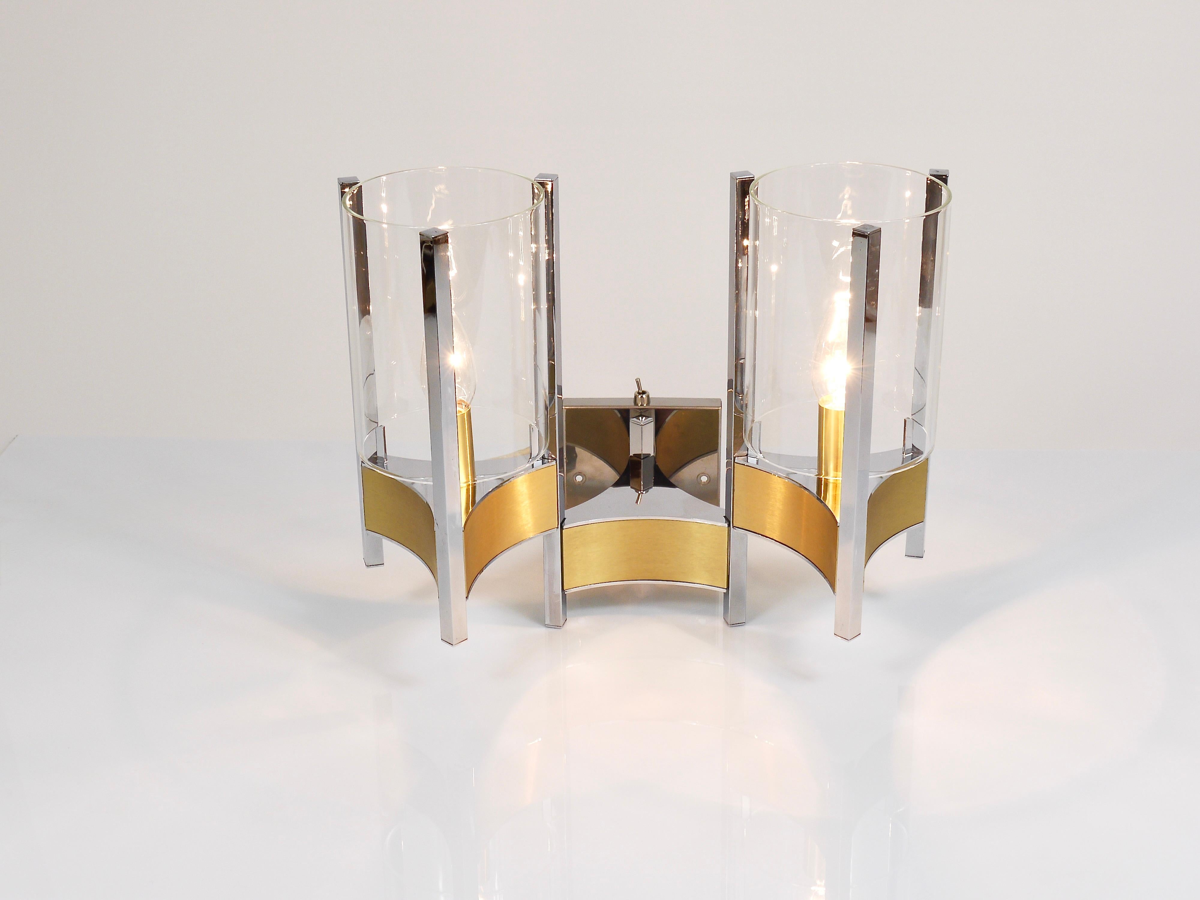 Gaetano Sciolari Pair Large Wall Lights / Sconces, Chrome, Brass, Glass, 1970s For Sale 5