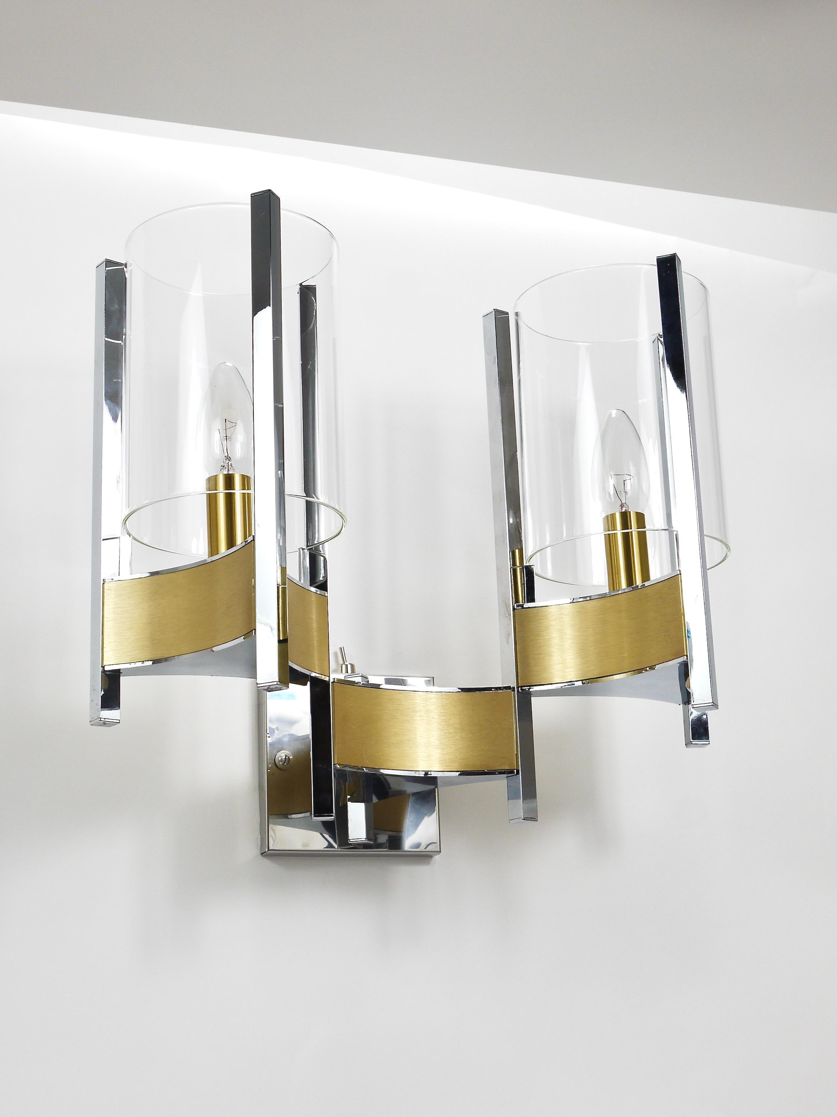 Gaetano Sciolari Pair Large Wall Lights / Sconces, Chrome, Brass, Glass, 1970s For Sale 7