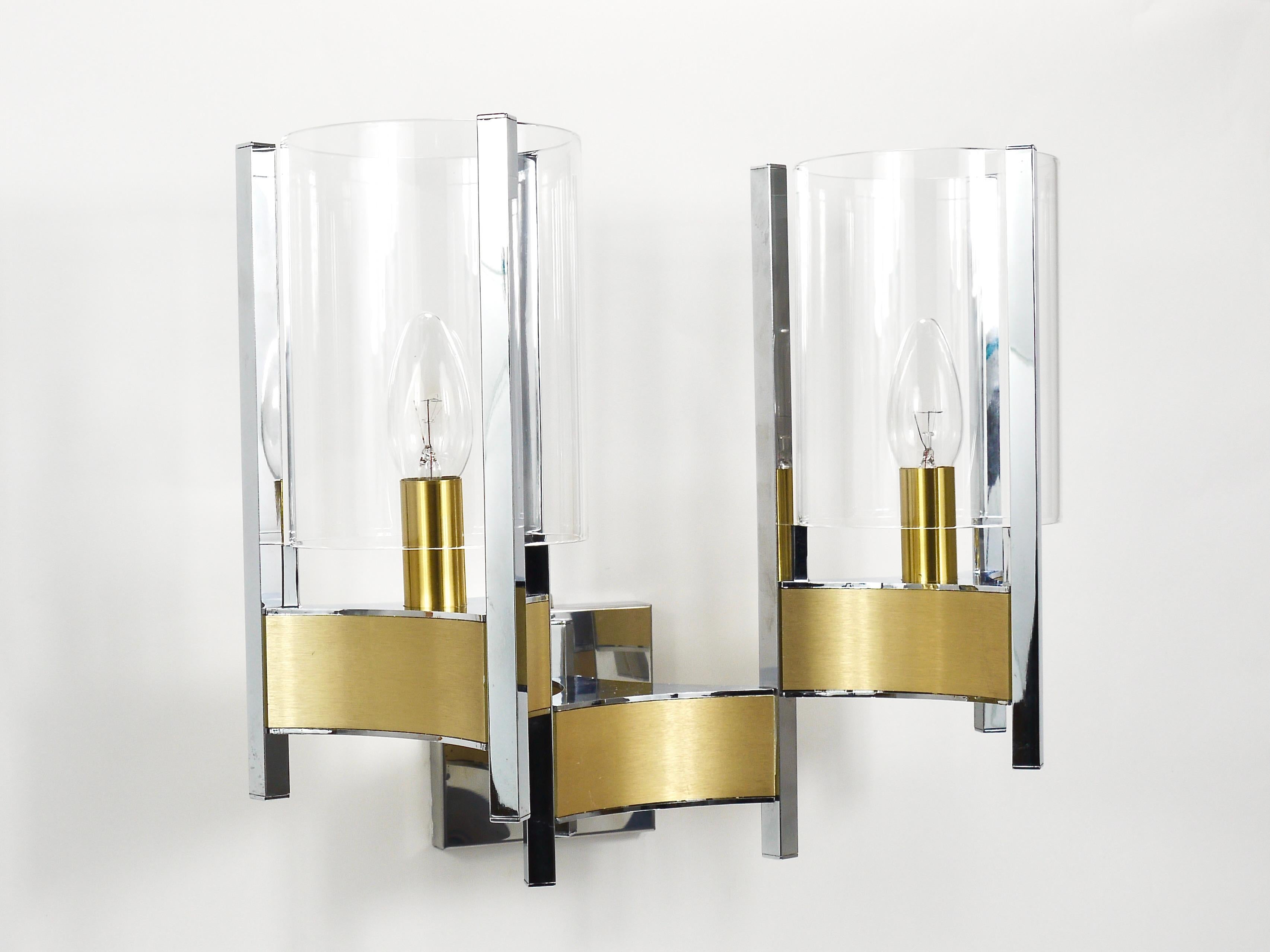 Gaetano Sciolari Pair Large Wall Lights / Sconces, Chrome, Brass, Glass, 1970s For Sale 8
