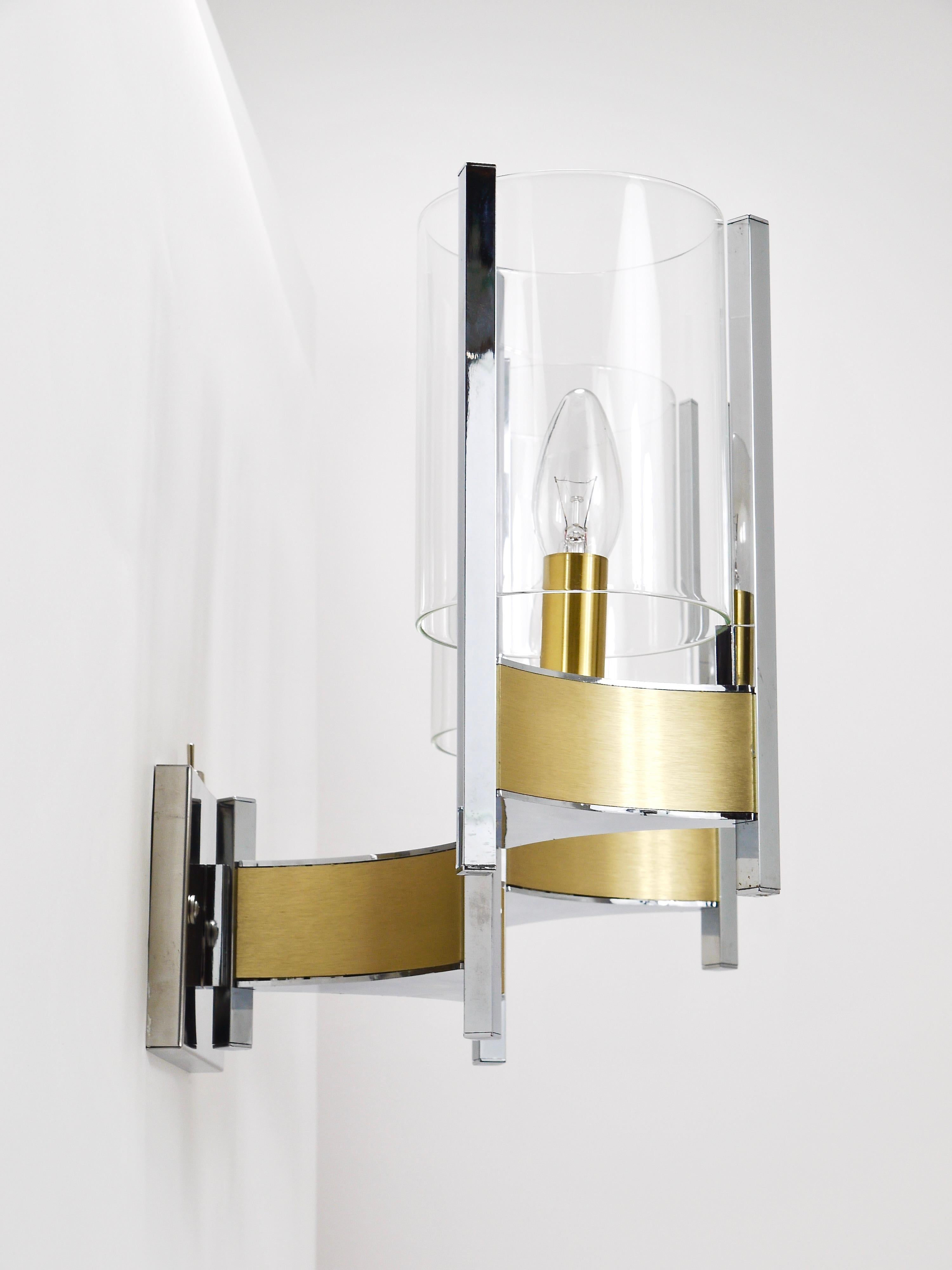 Gaetano Sciolari Pair Large Wall Lights / Sconces, Chrome, Brass, Glass, 1970s For Sale 11
