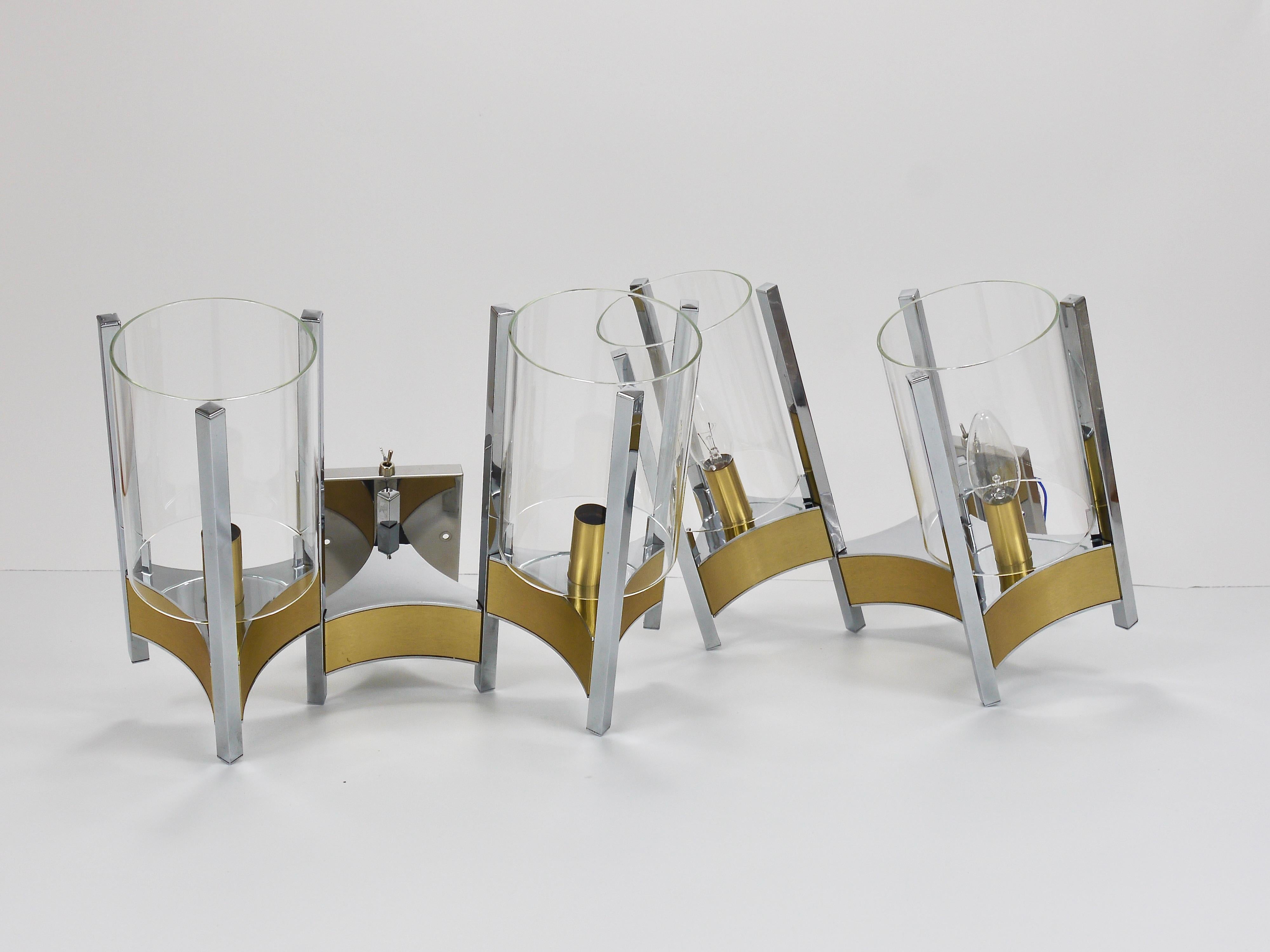 Mid-Century Modern Gaetano Sciolari Pair Large Wall Lights / Sconces, Chrome, Brass, Glass, 1970s For Sale