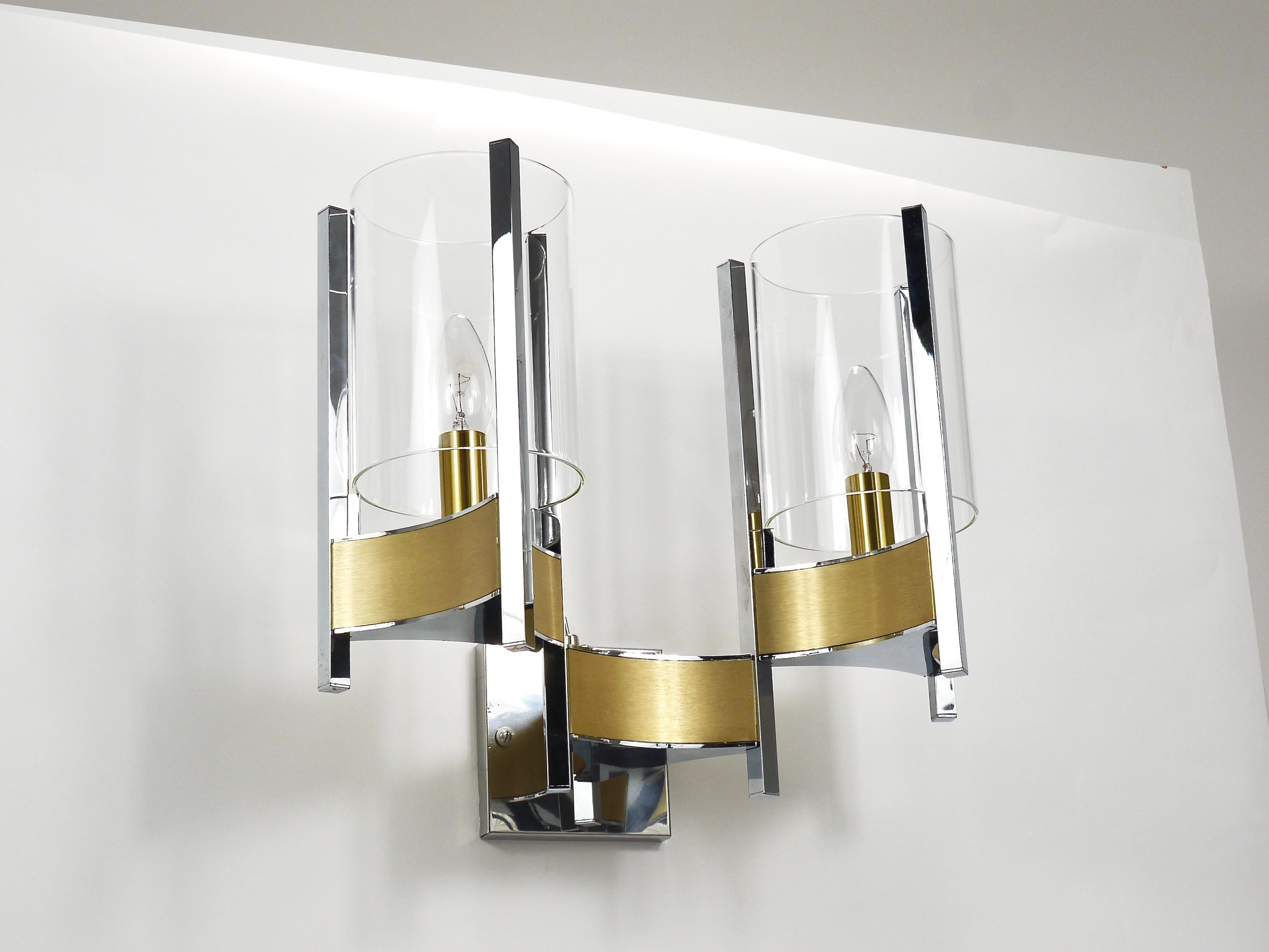 Italian Gaetano Sciolari Pair Large Wall Lights / Sconces, Chrome, Brass, Glass, 1970s For Sale