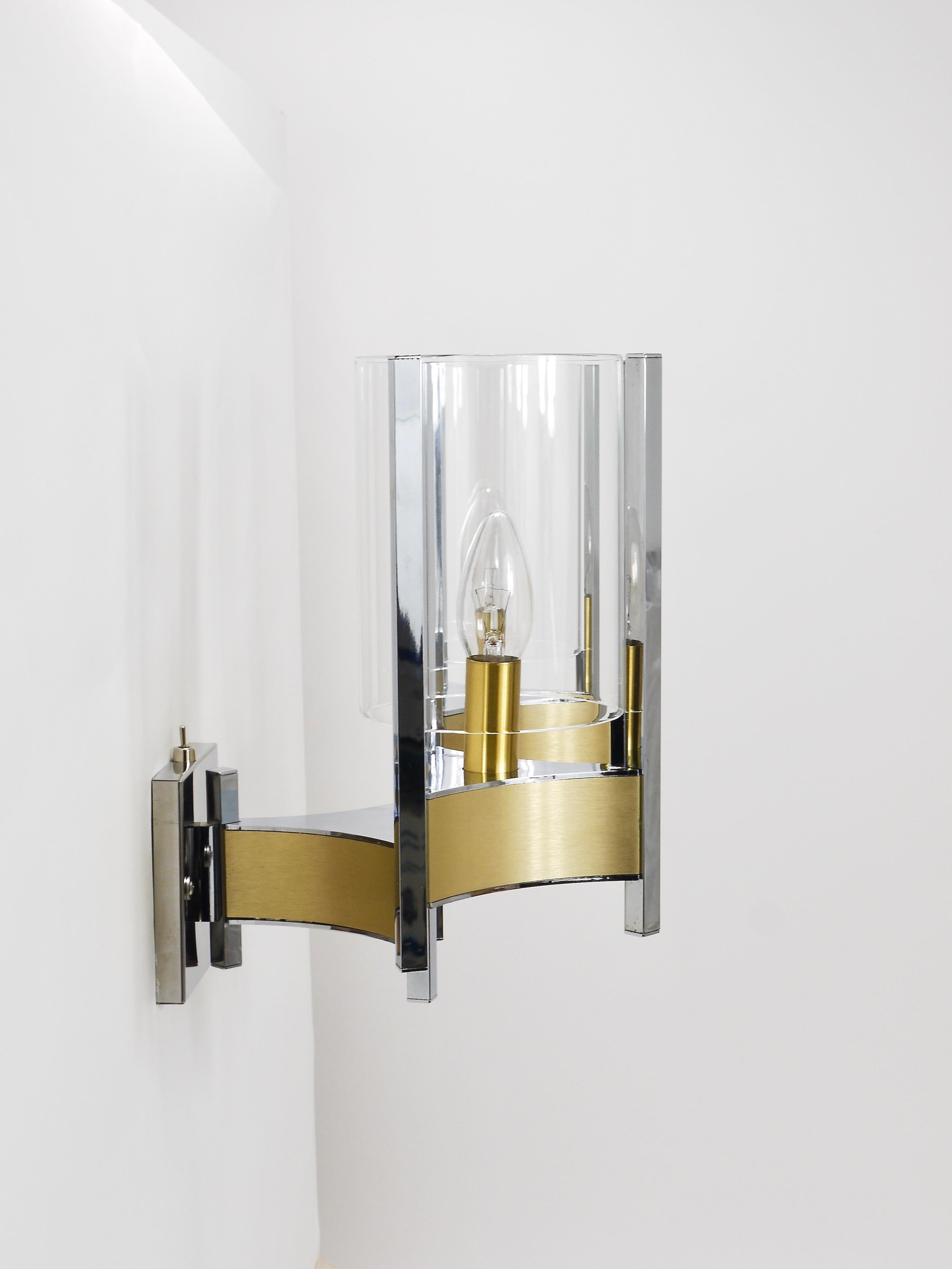 Brushed Gaetano Sciolari Pair Large Wall Lights / Sconces, Chrome, Brass, Glass, 1970s For Sale