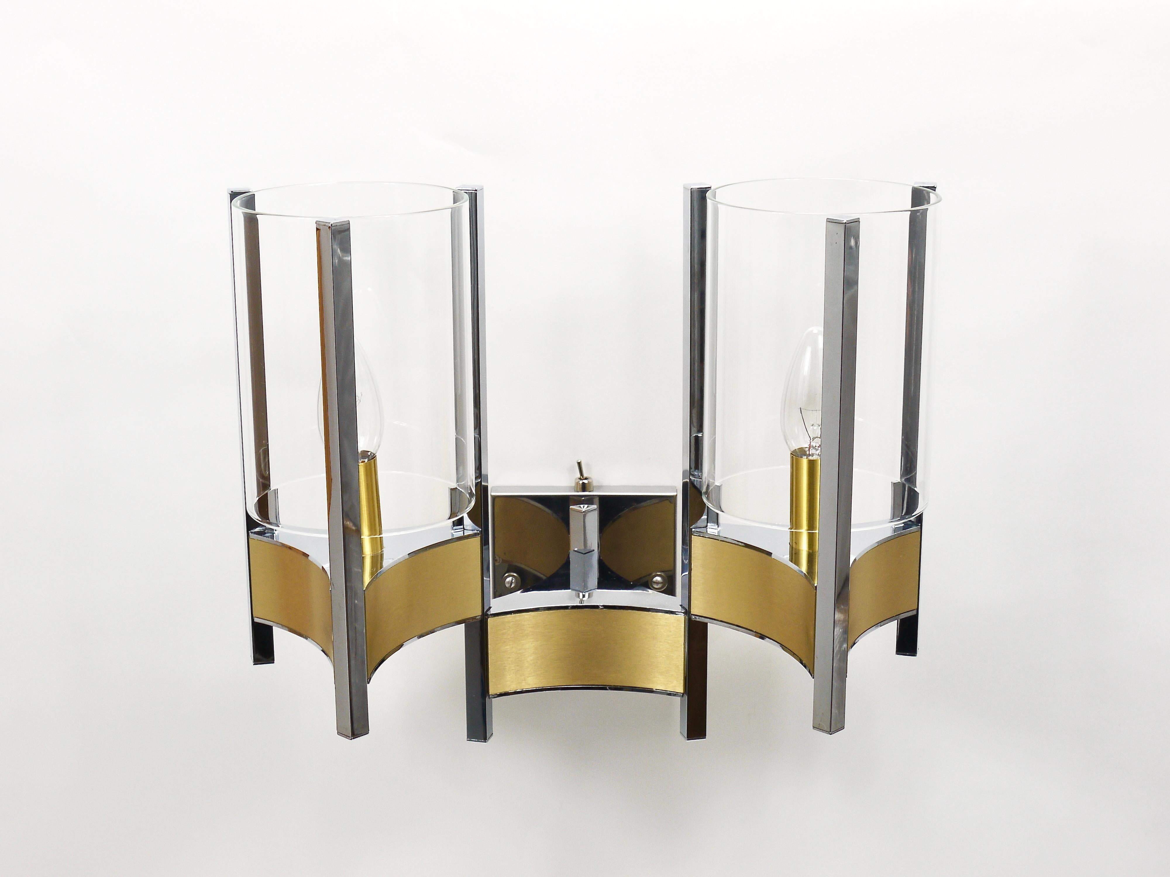 20th Century Gaetano Sciolari Pair Large Wall Lights / Sconces, Chrome, Brass, Glass, 1970s For Sale