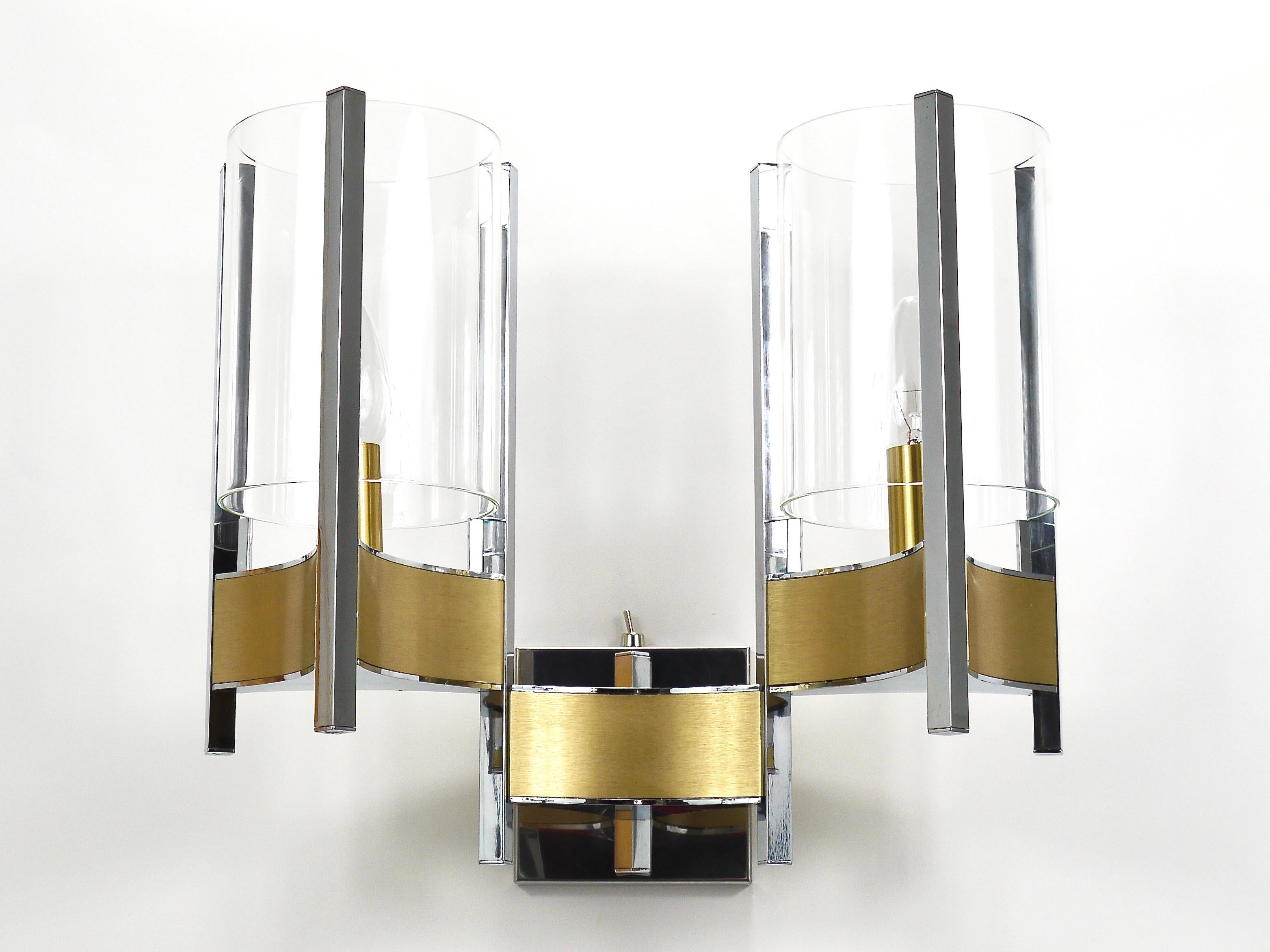Gaetano Sciolari Pair Large Wall Lights / Sconces, Chrome, Brass, Glass, 1970s For Sale 1