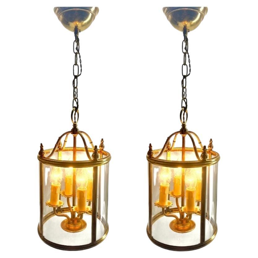Gaetano Sciolari Pair of Solid Brass and Glass Lanterns or Pendant Lamp