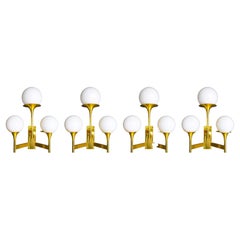 Gaetano Sciolari Sculptural Brass Wall Sconces with Opaline Glass Shades, Italy 