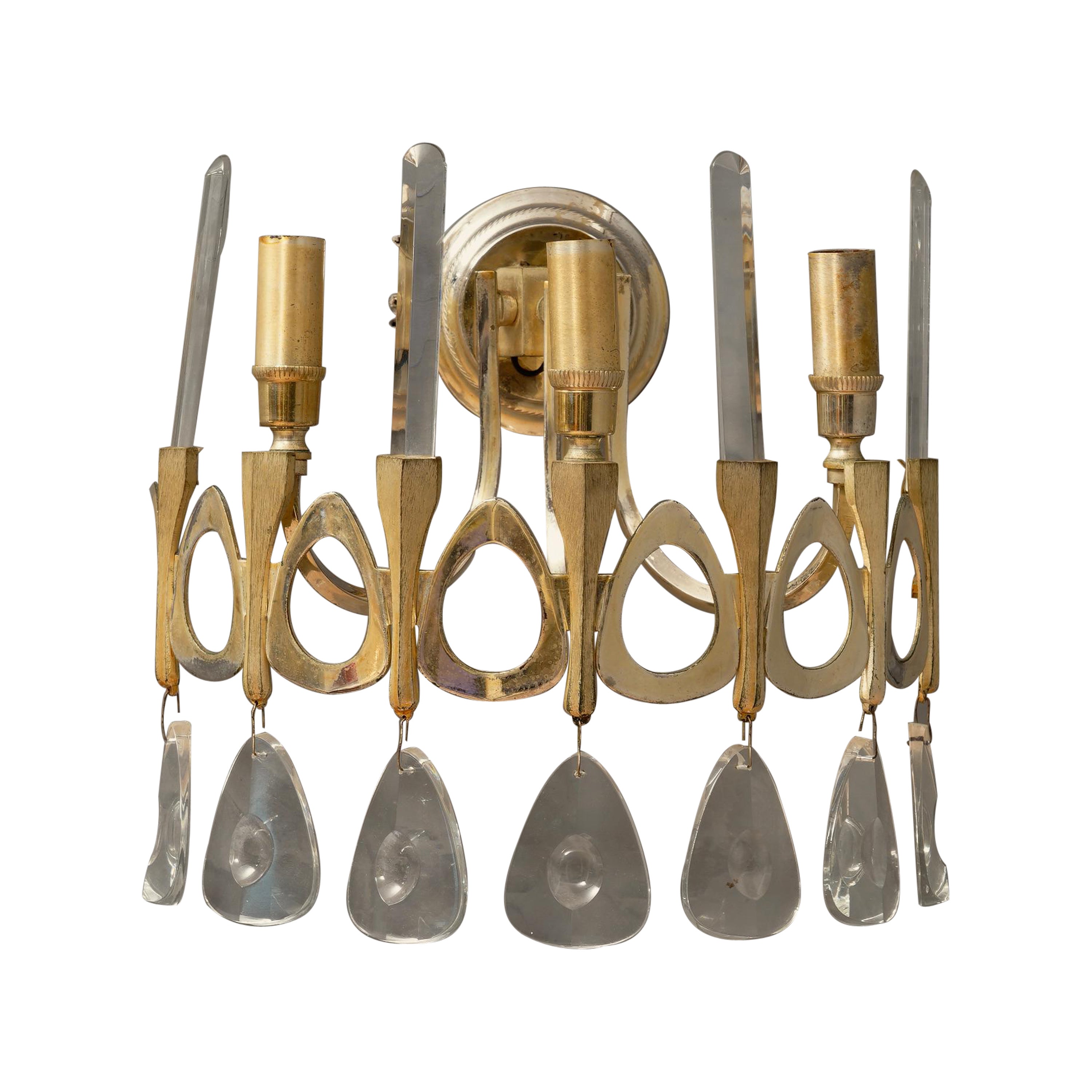 Gaetano Sciolari Semi Circular Gold and Glass Wall Light, 1960