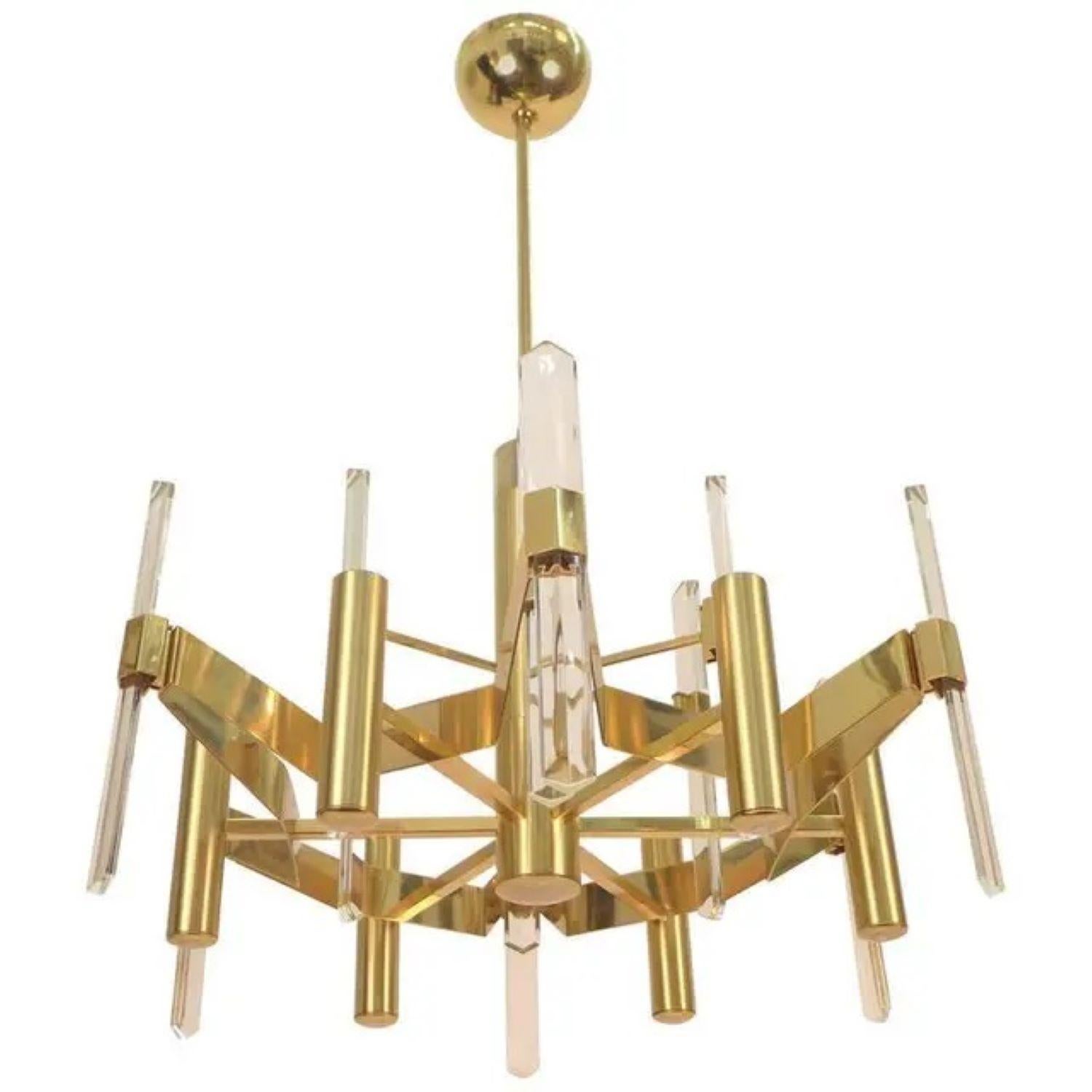 Gaetano Sciolari Six-Light Chandelier Gold-Plated Brass and Vertical Faceted In Excellent Condition For Sale In Mt Kisco, NY