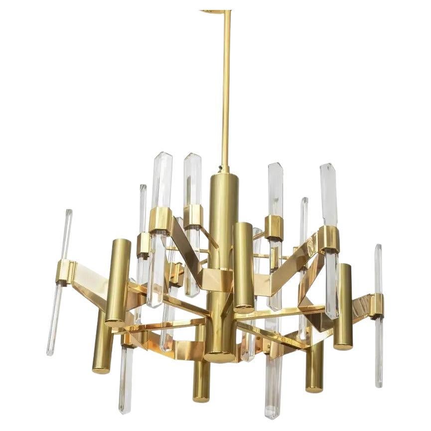 Gaetano Sciolari Six-Light Chandelier Gold-Plated Brass and Vertical Faceted For Sale