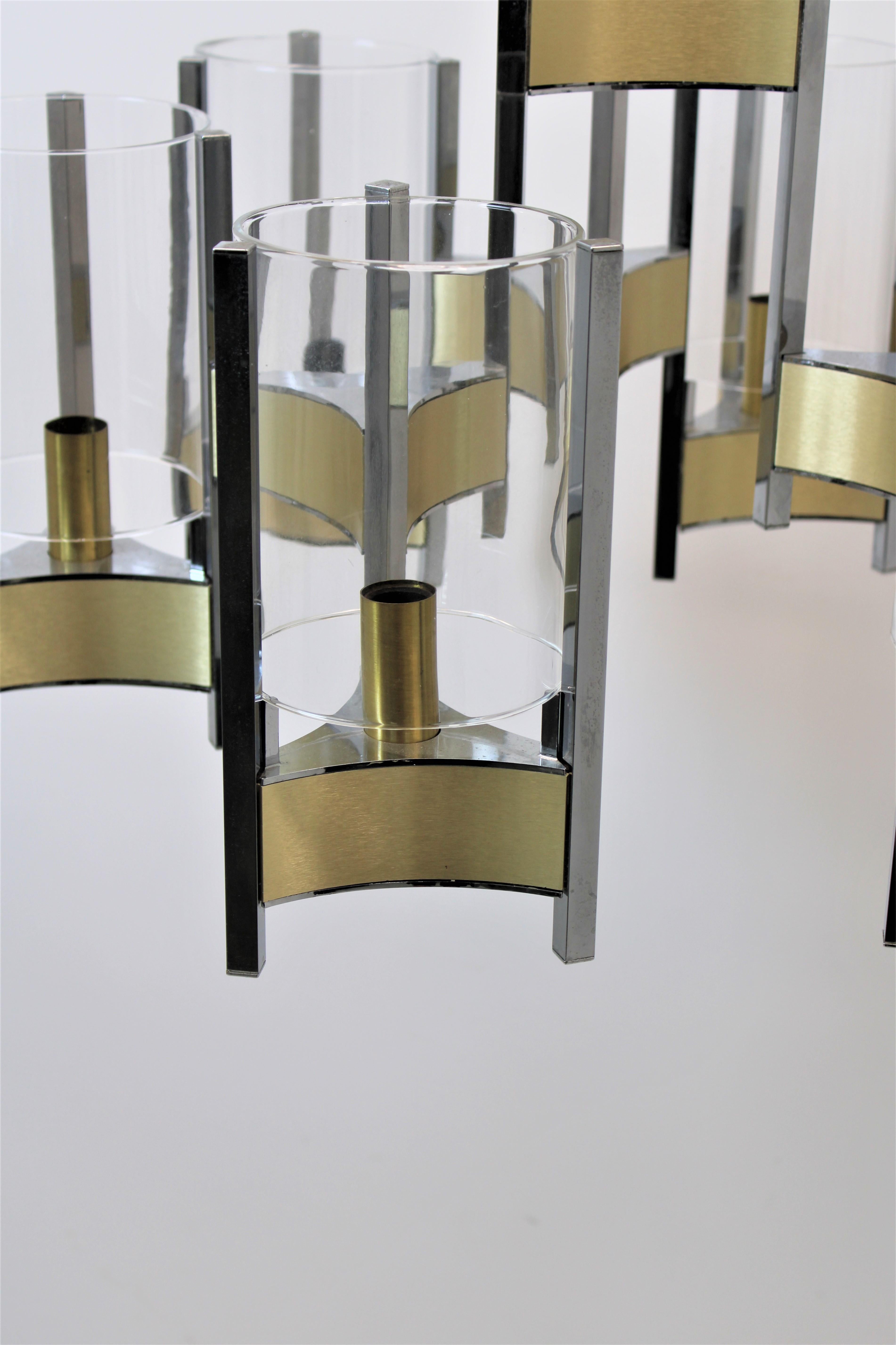 Brass Gaetano Sciolari Six-Light Glass Hurricane Chandelier, Italy, 1970s