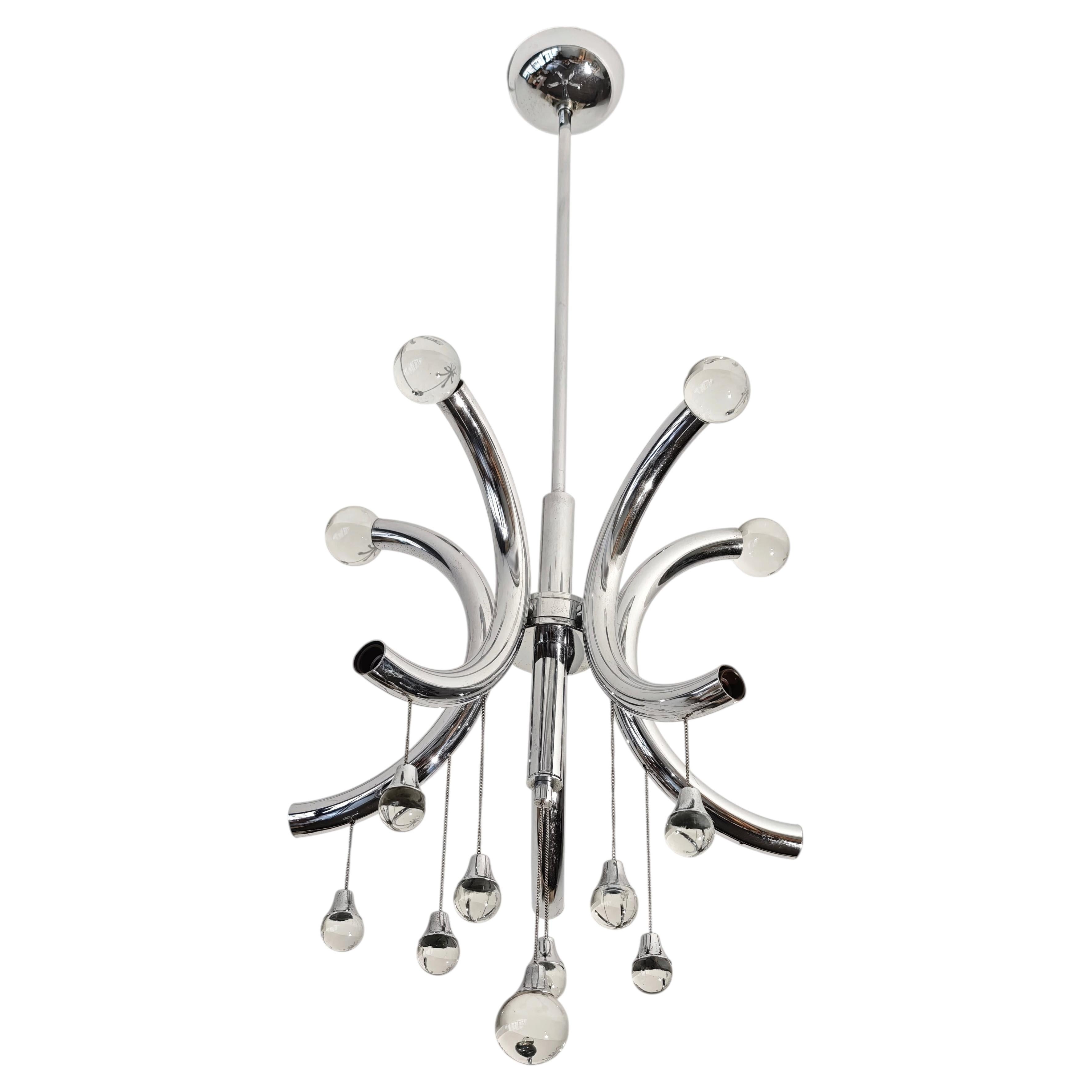 Gaetano Sciolari Space Age Chrome Chandelier Italy 70s Mid-Century Modern For Sale