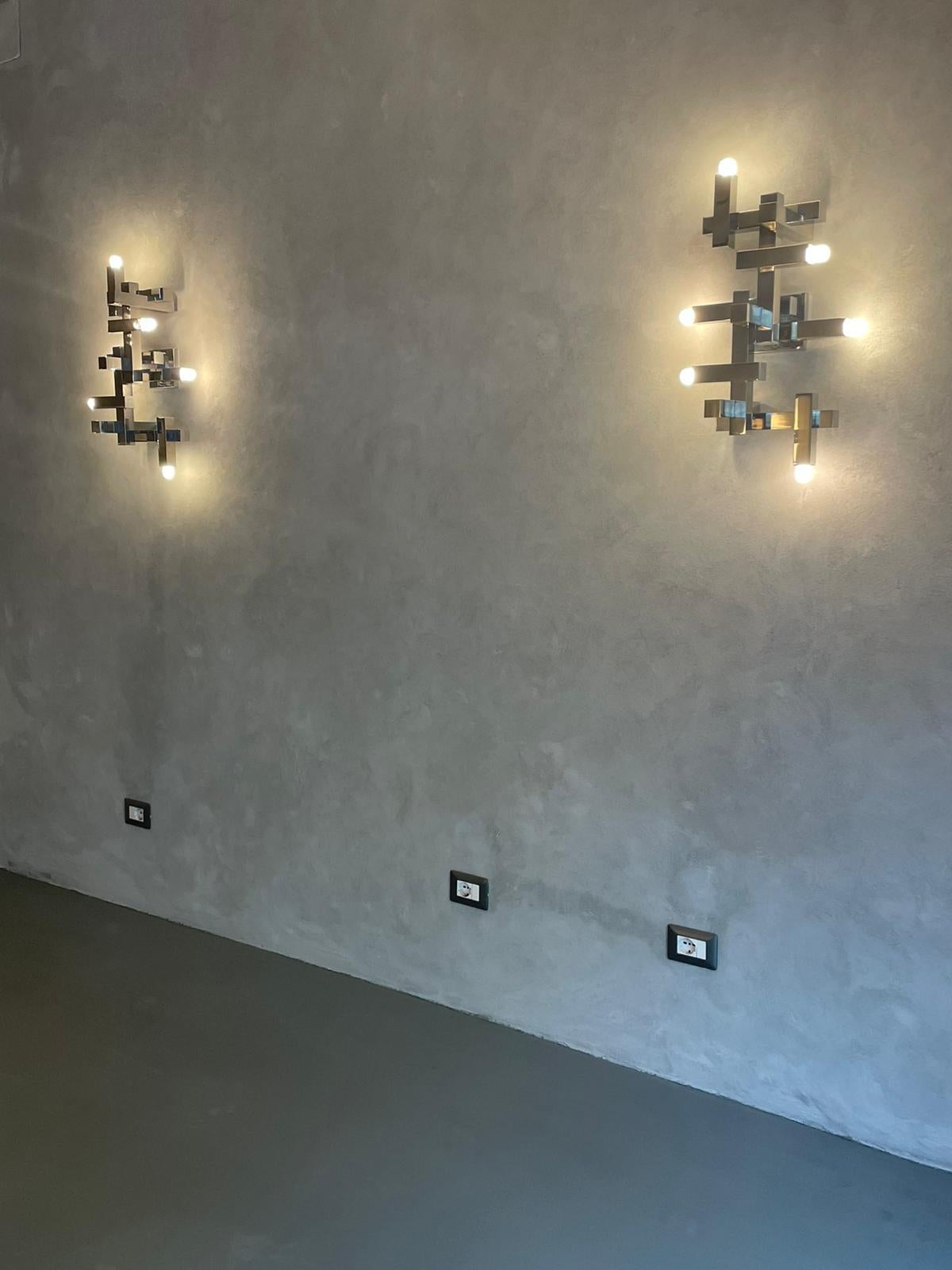 Italian Gaetano Sciolari Three Chrome Wall Lights Excellent Vintage Patina Italy 1960s