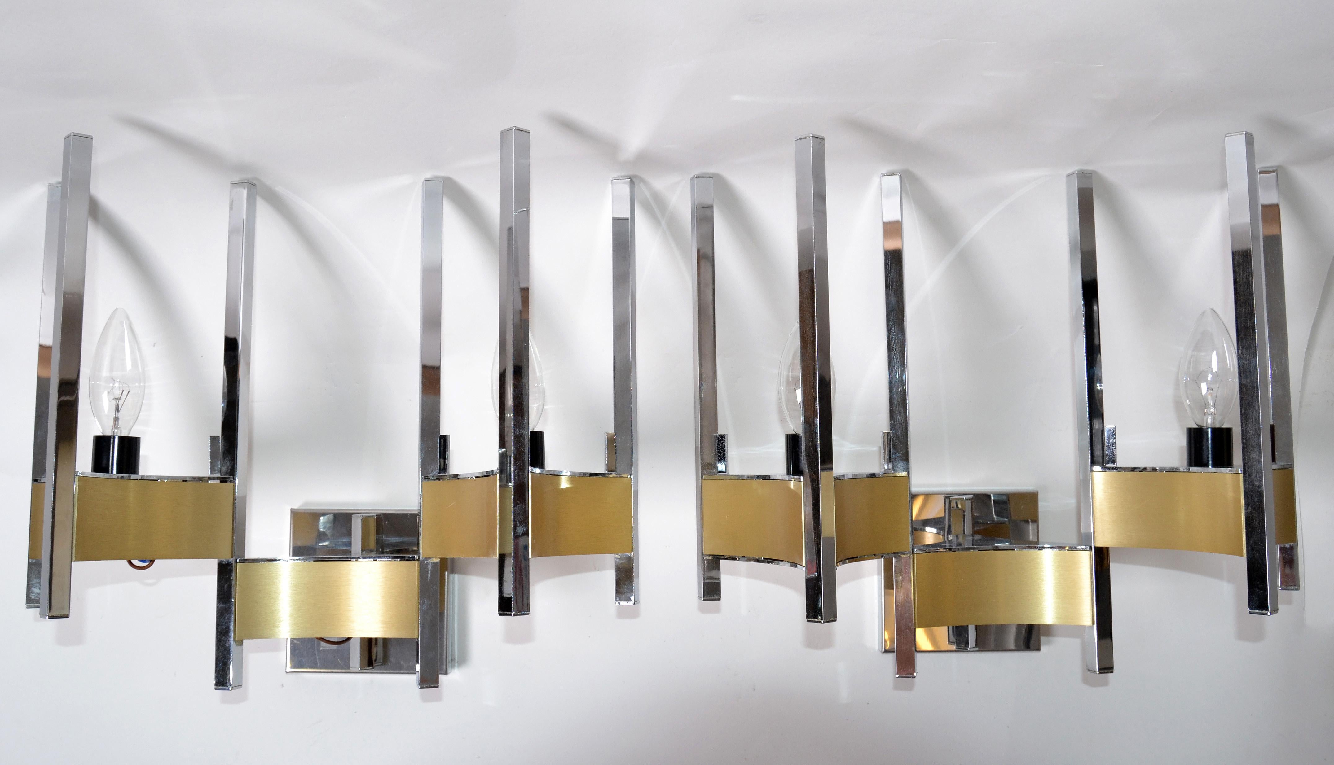 Gaetano Sciolari Two Lights Wall Sconces Brass and Chrome, Italy 1970s, Pair For Sale 4
