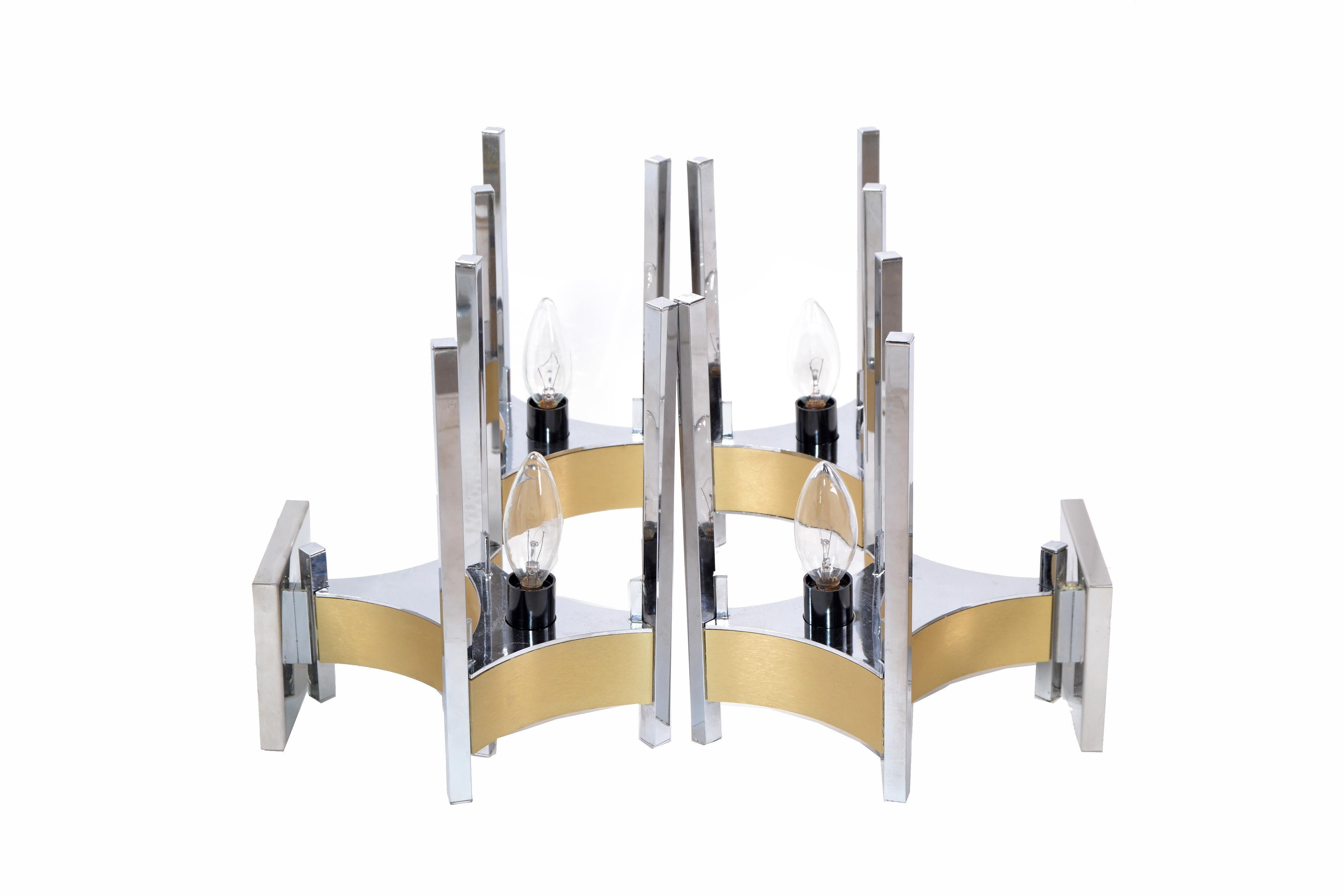 Mid-Century Modern Gaetano Sciolari Two Lights Wall Sconces Brass and Chrome, Italy 1970s, Pair For Sale