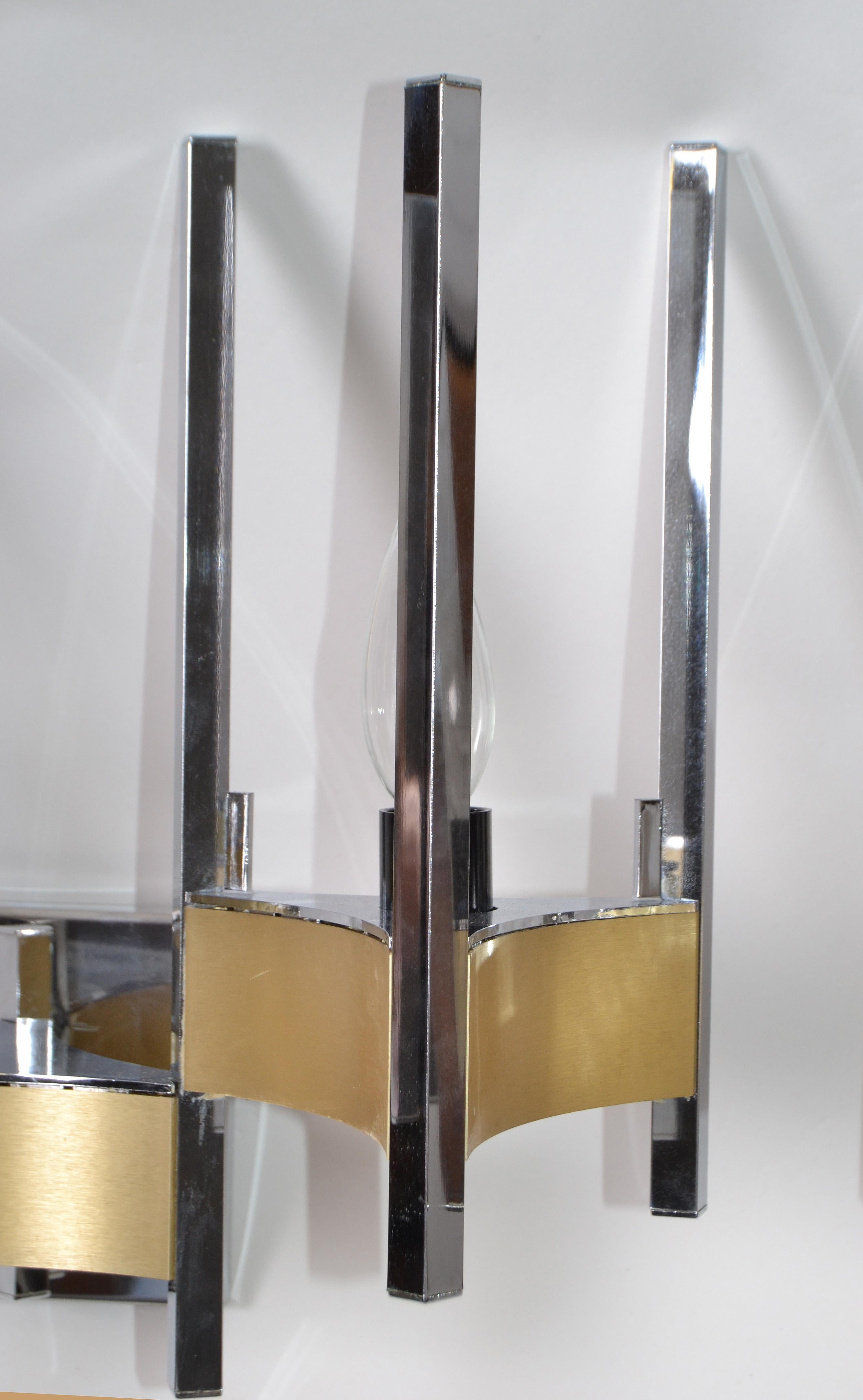 Late 20th Century Gaetano Sciolari Two Lights Wall Sconces Brass and Chrome, Italy 1970s, Pair For Sale