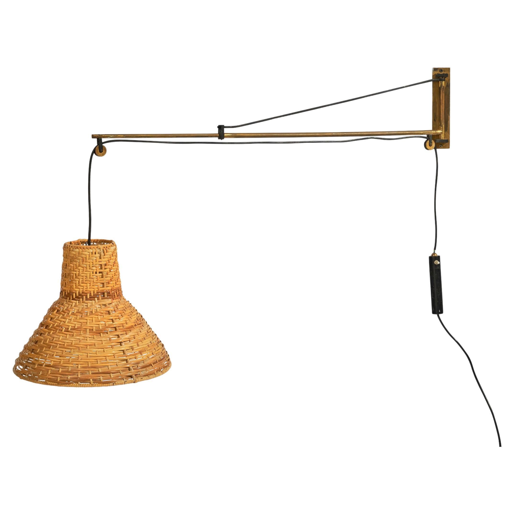 Gaetano Sciolari, Wall Light, Metal, Brass, Rattan, Italy, 1954 For Sale