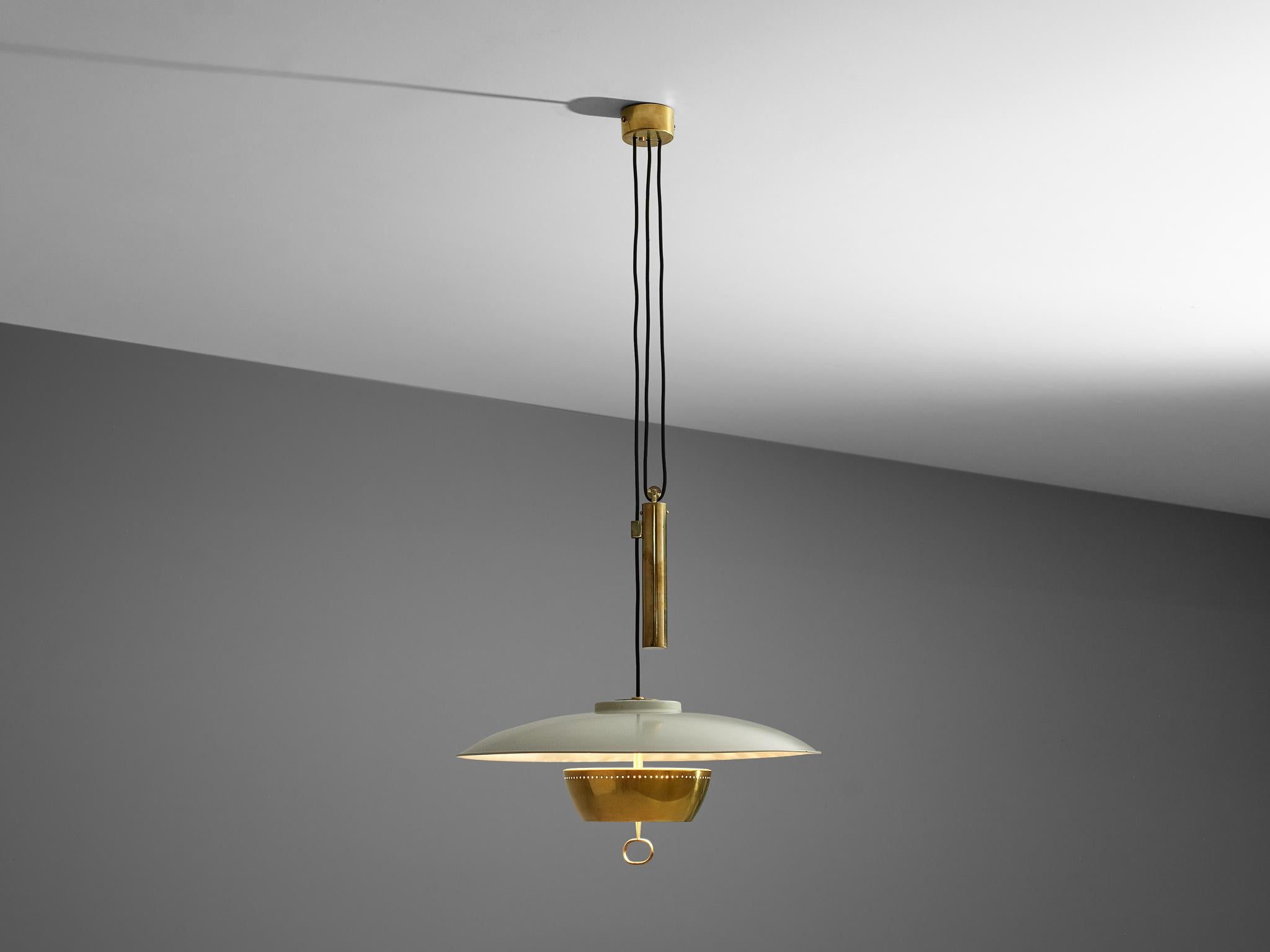 Gaetano Scolari for Stilnovo, ceiling light model A5011, metal, brass, Italy, 1950

Elegant, dynamic and modern pendant by Sciolari for Stilnovo. Adjustable in height due the counterweight. The light gets beautifully reflected by the white inside