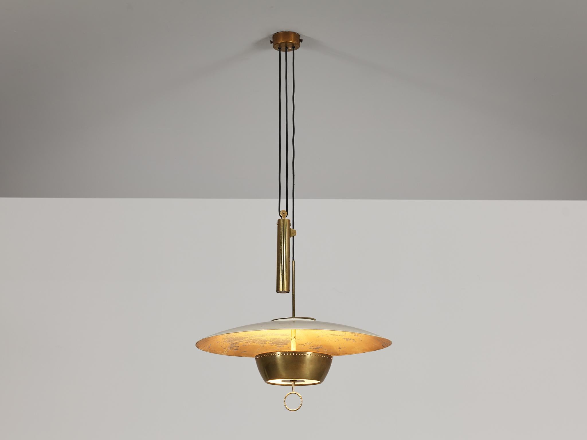 Gaetano Scolari for Stilnovo, ceiling light, model A5011, coated aluminum, brass, glass, Italy, 1950

Elegant, dynamic, and modern pendant created by Scolari for Stilnovo. This captivating pendant is adjustable in height, thanks to the presence of a