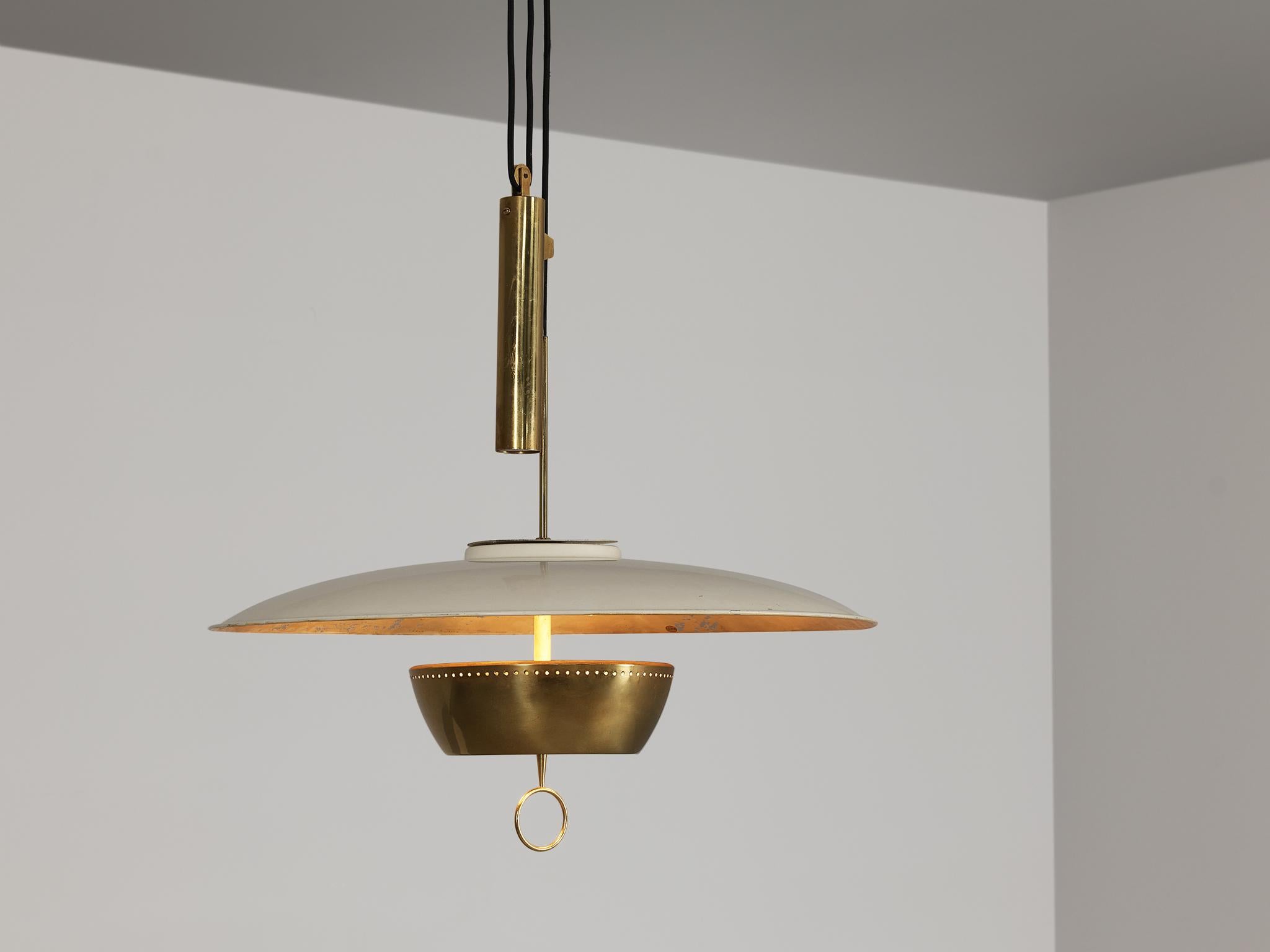 Gaetano Scolari for Stilnovo, ceiling light, model A5011, coated aluminum, brass, glass, Italy, 1950

Elegant, dynamic, and modern pendant created by Scolari for Stilnovo. This captivating pendant is adjustable in height, thanks to the presence of a
