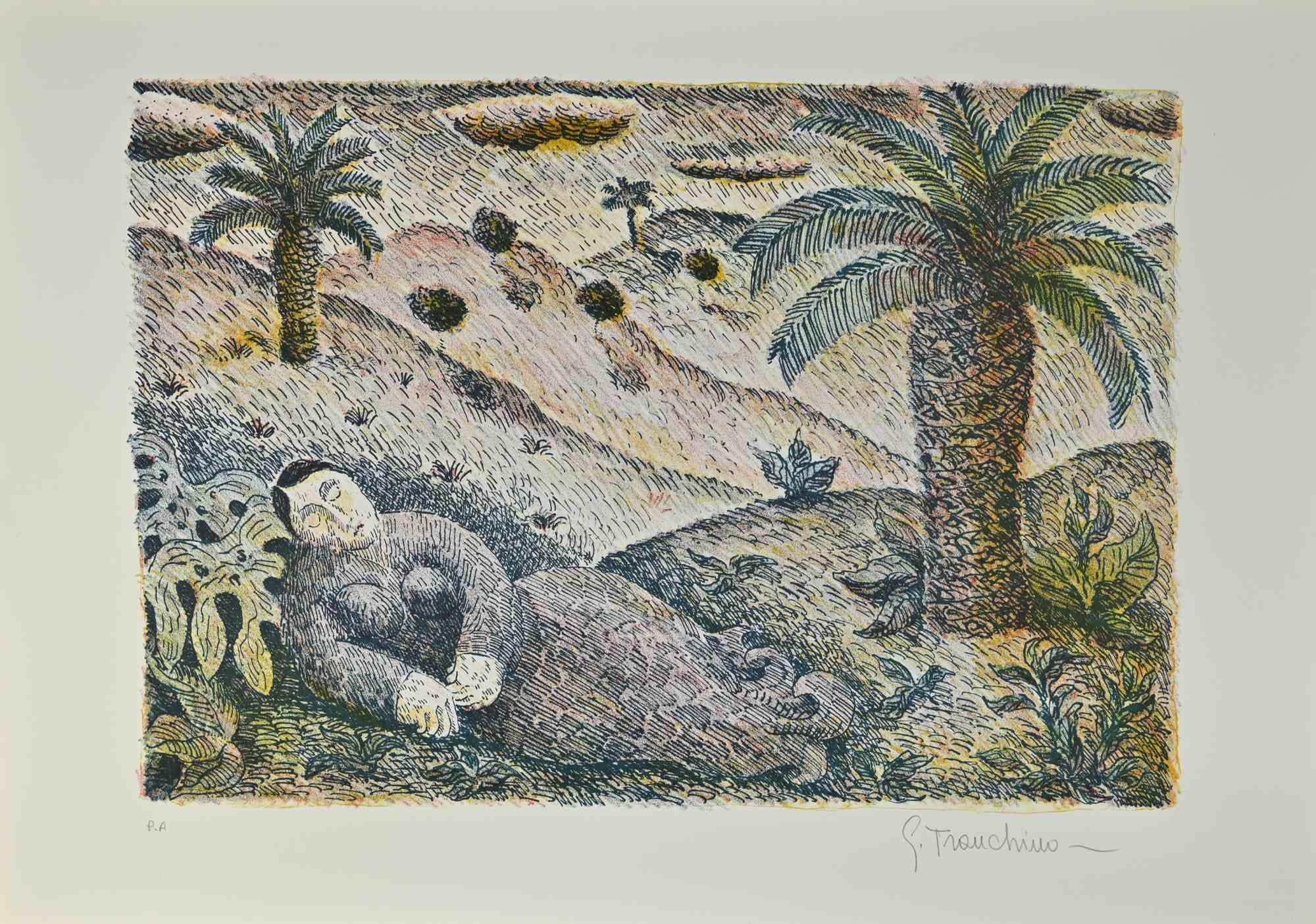 Figura e Palme es una obra de arte realizada por Gaetano Tranchino en la década de 1970. 

Firmado a mano y titulado. Prueba de artista.

¡Buenas condiciones!