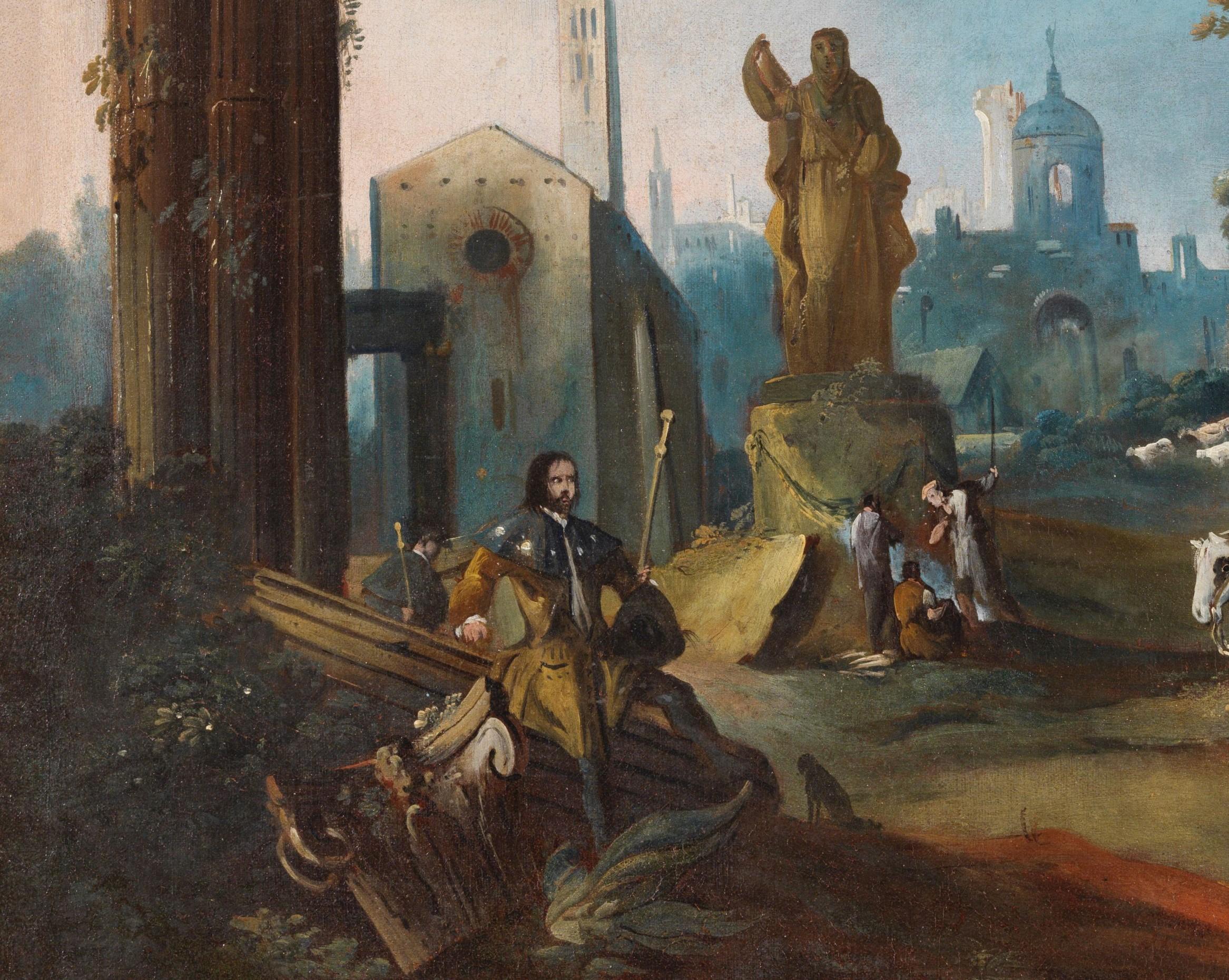 Huile sur toile de paysage architecturale du 18ème siècle de Capriccio Gaetano Vetturali  - Painting de Gaetano Vetturali (Lucca, 1701-1783) 