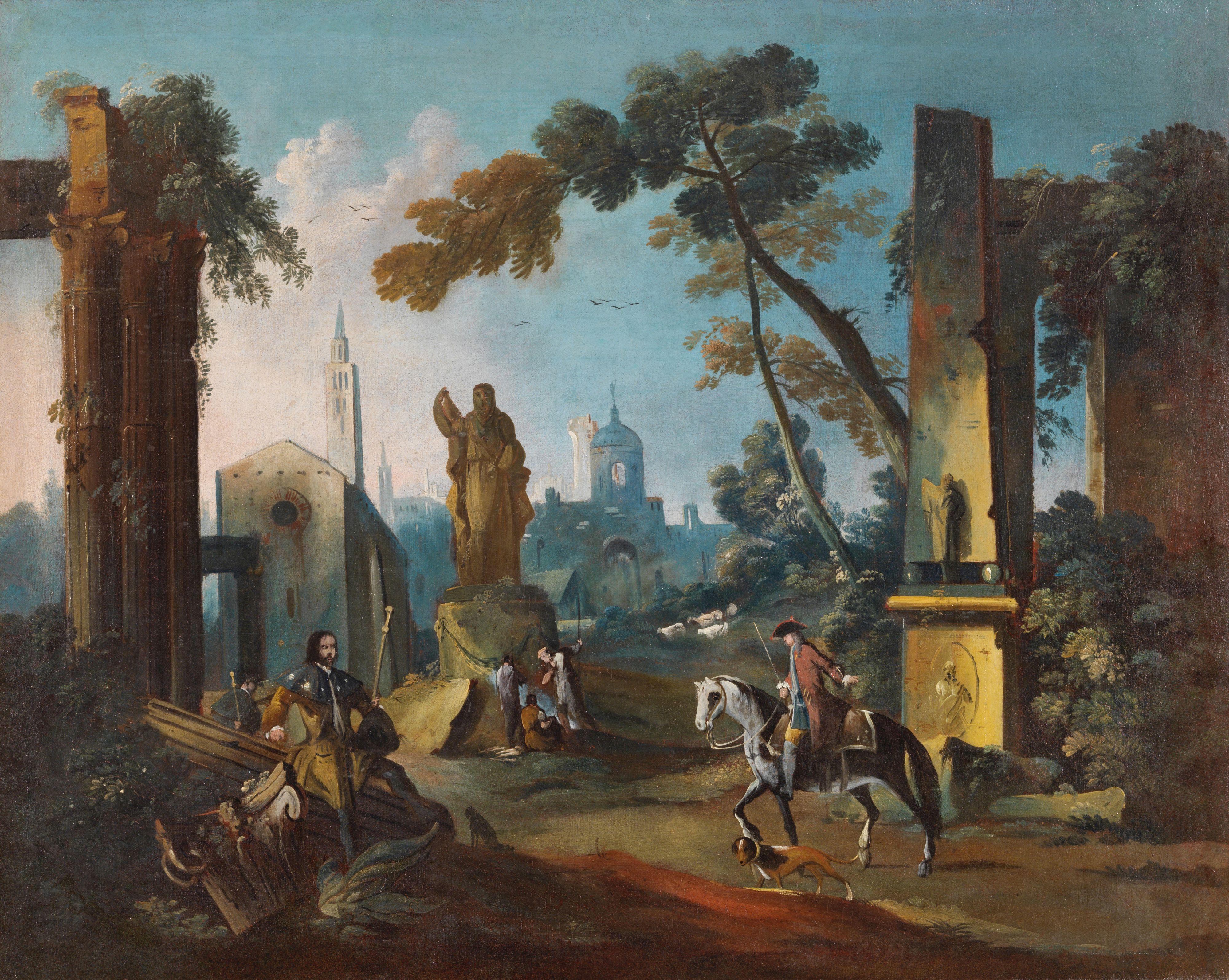 Huile sur toile de paysage architecturale du 18ème siècle de Capriccio Gaetano Vetturali  - Noir Landscape Painting par Gaetano Vetturali (Lucca, 1701-1783) 