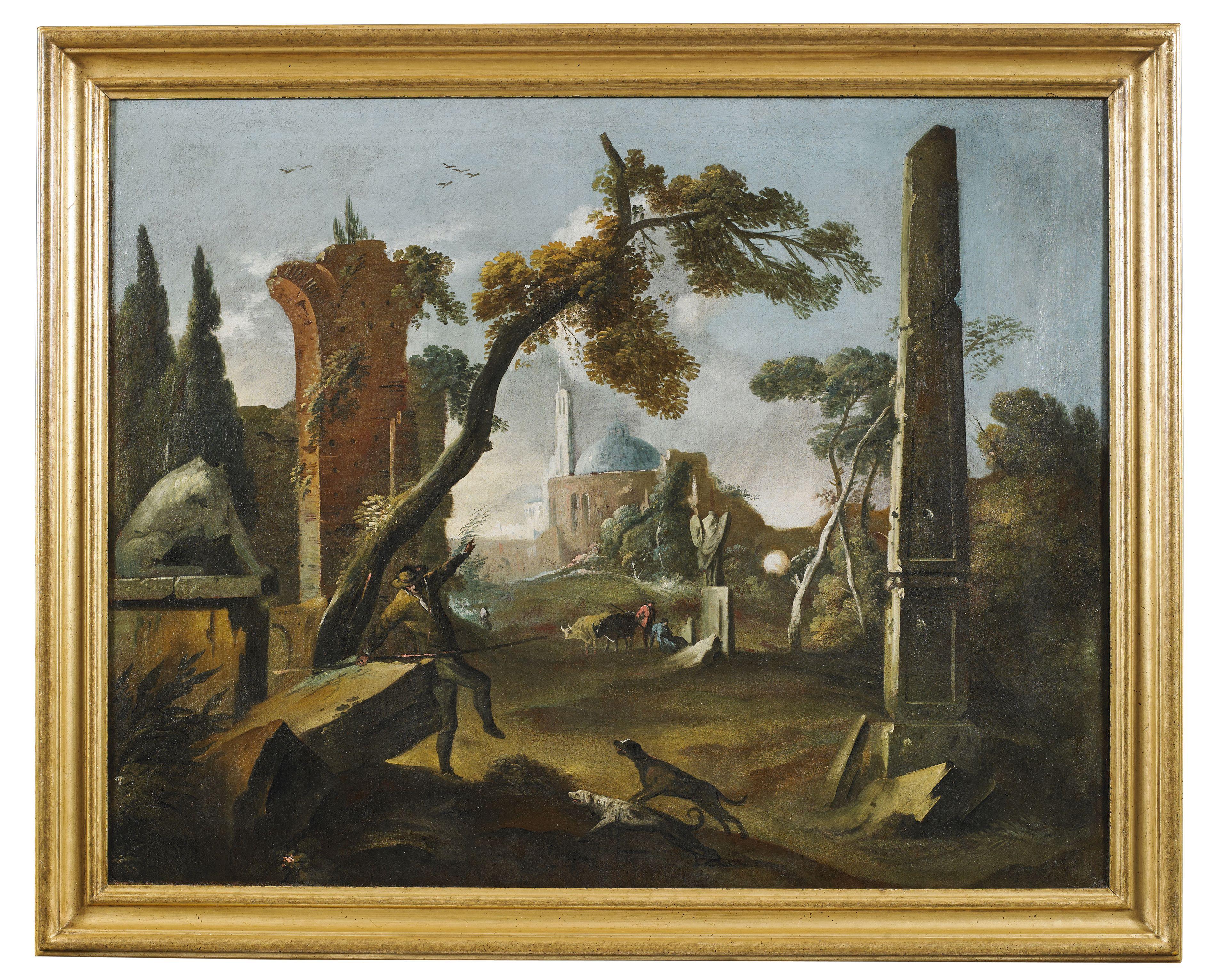 Siglo XVIII Arquitectura Capriccio Vetturali Paisaje Óleo sobre lienzo Greeen - Painting de Gaetano Vetturali (Lucca, 1701-1783) 